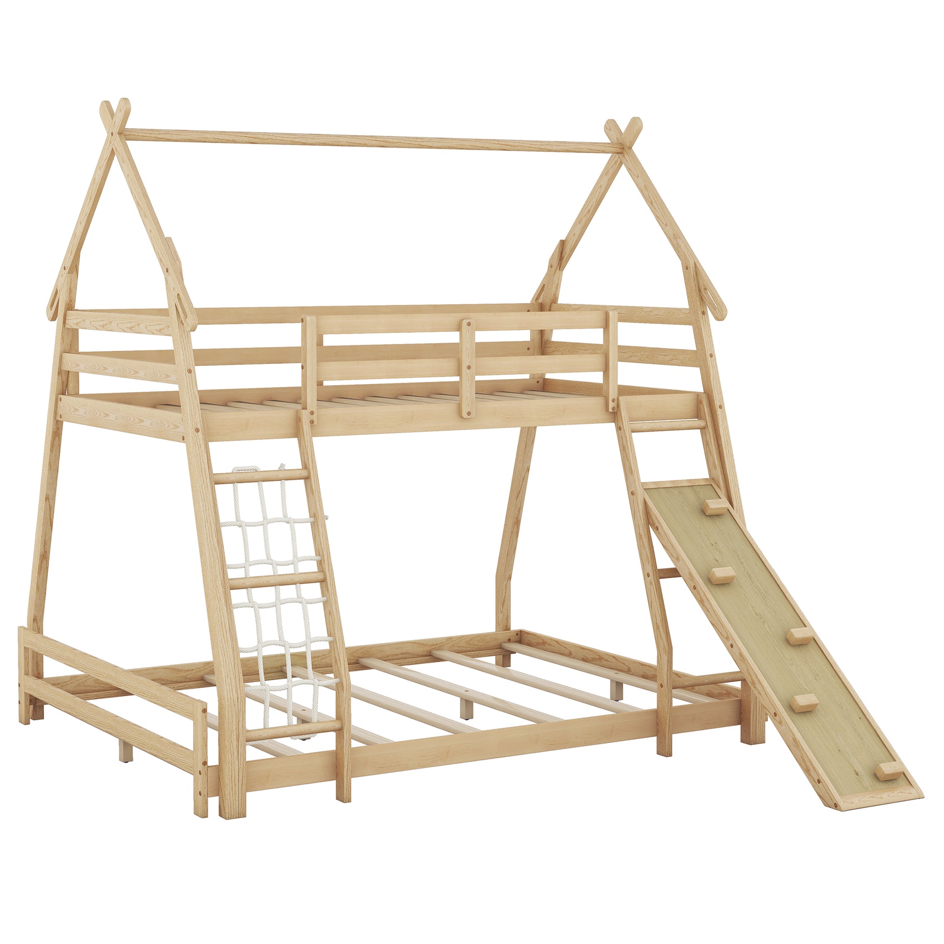 Natural wood bunk bed with slide and rope ladder for kids