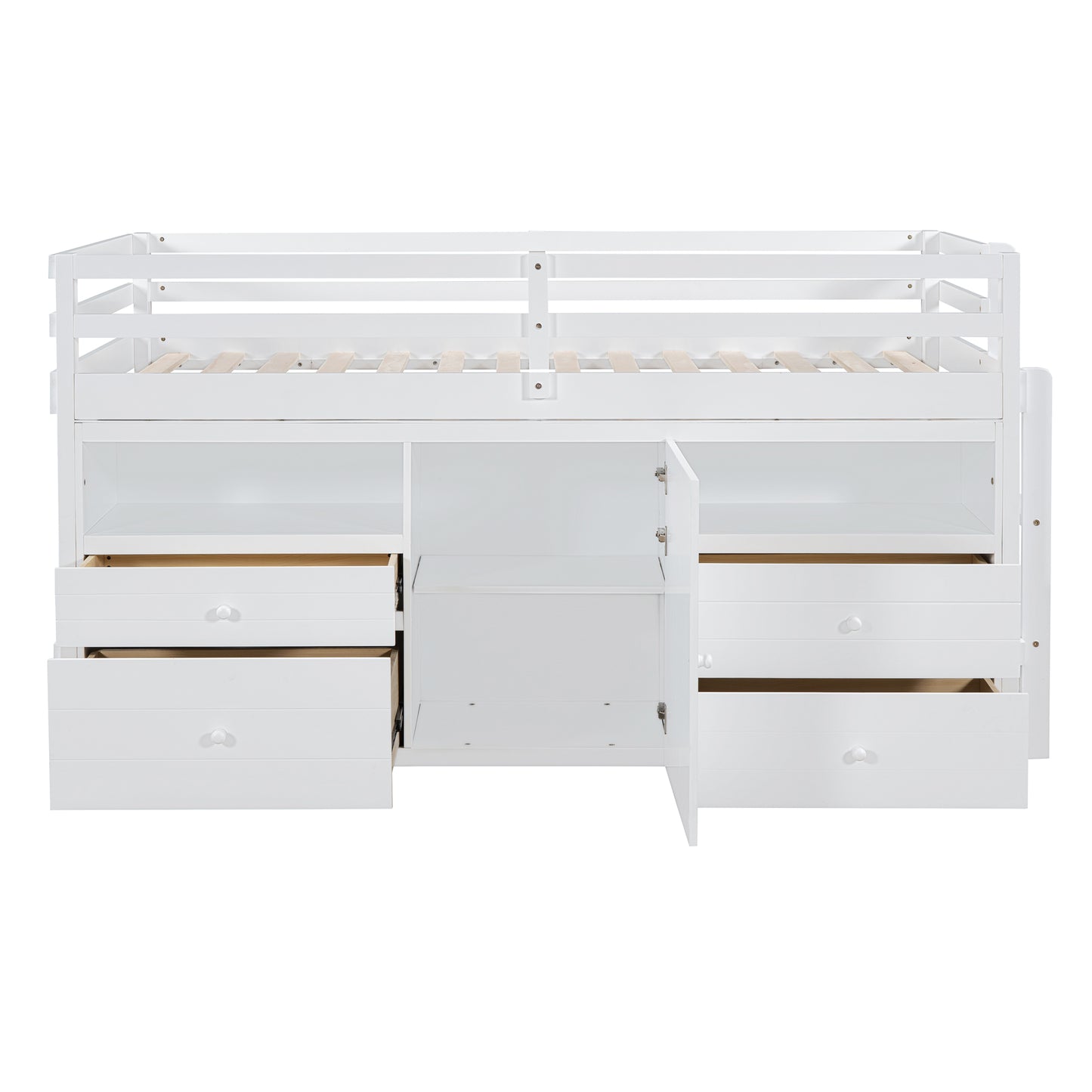 White loft bed frame with drawers and open cabinet doors
