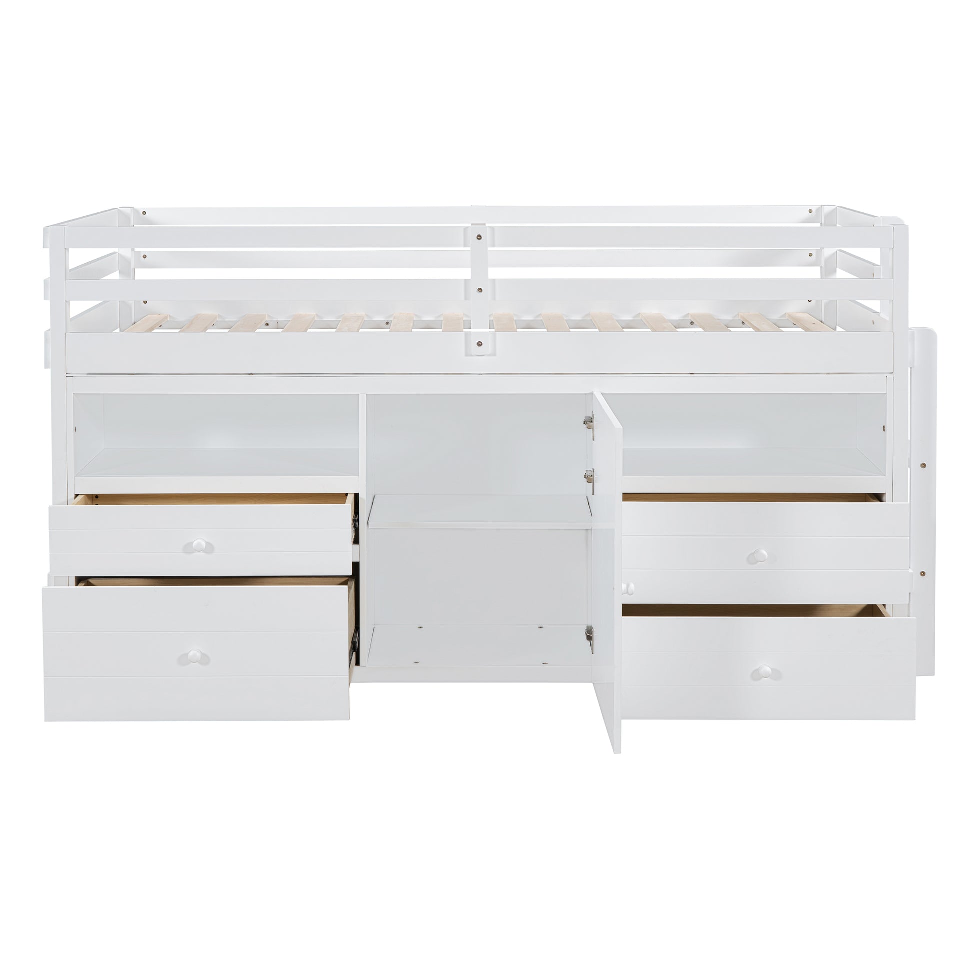 White loft bed frame with drawers and open cabinet doors