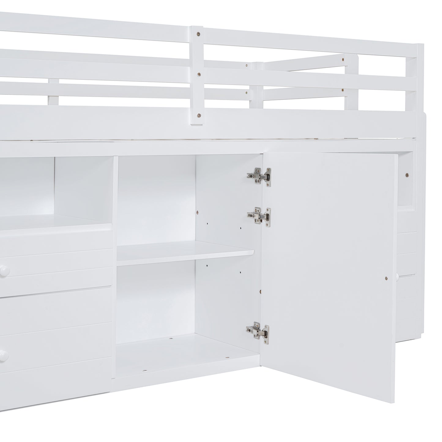 White loft bed with builtin drawers and open cabinet