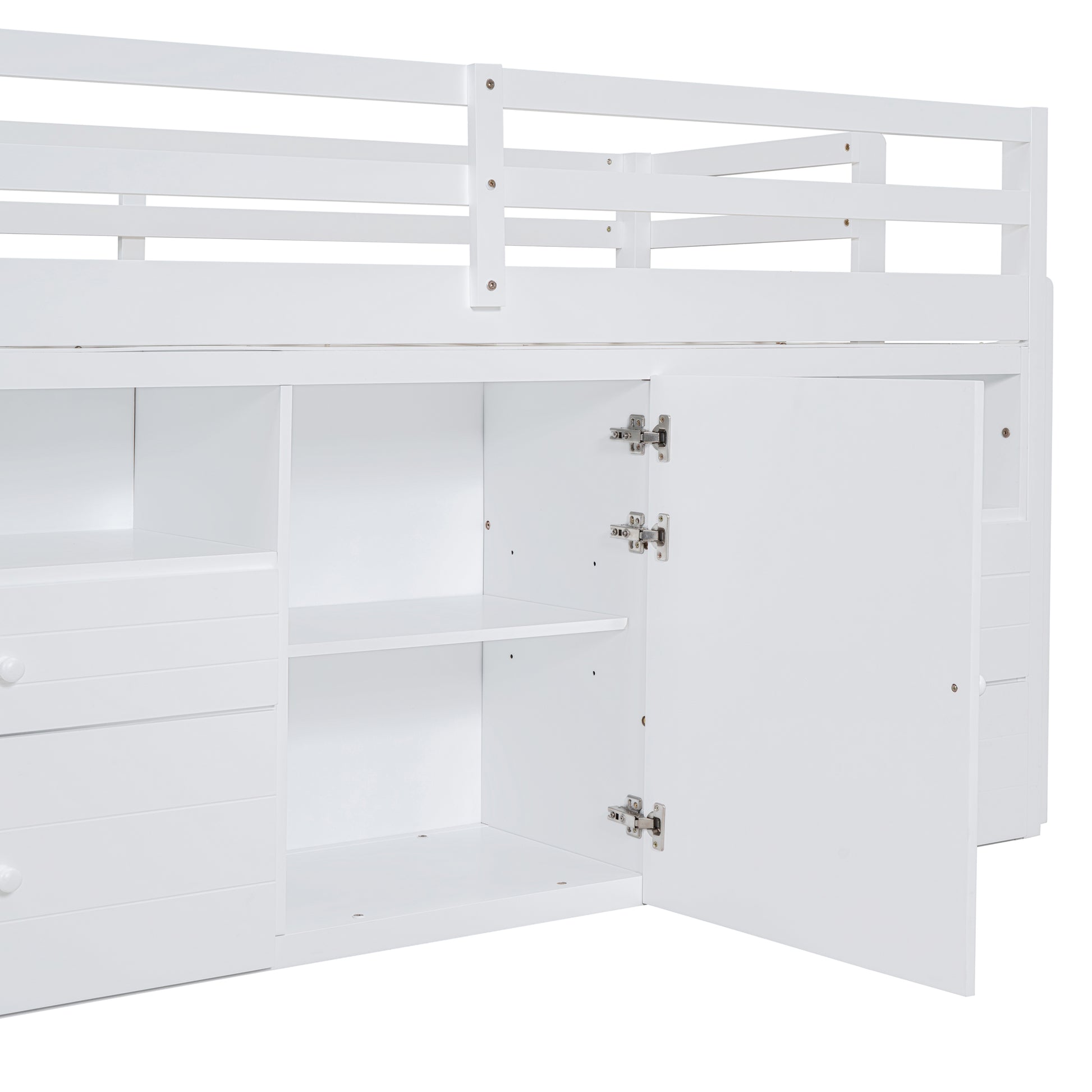 White loft bed with builtin drawers and open cabinet