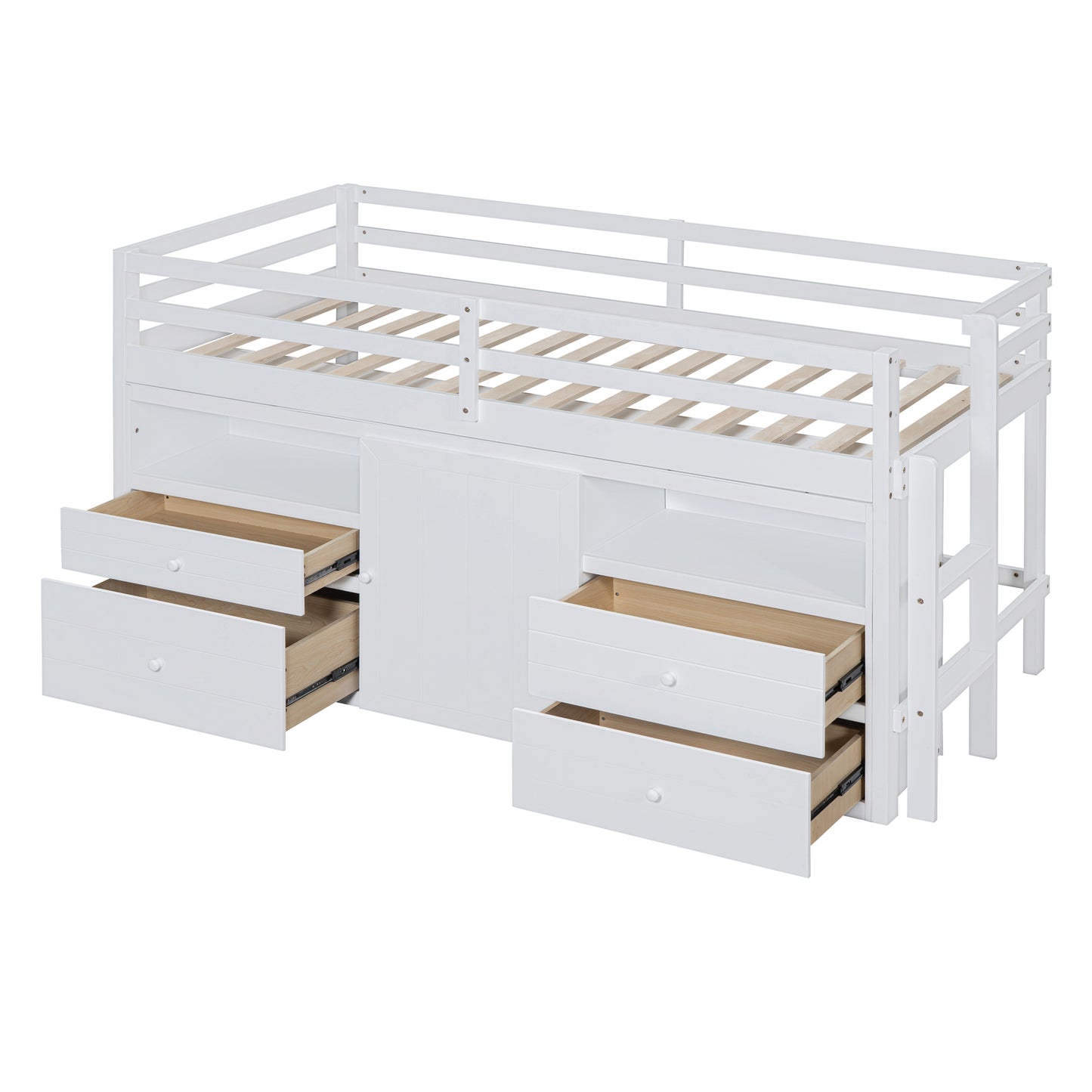White loft bed with multiple drawers and open storage cubbies