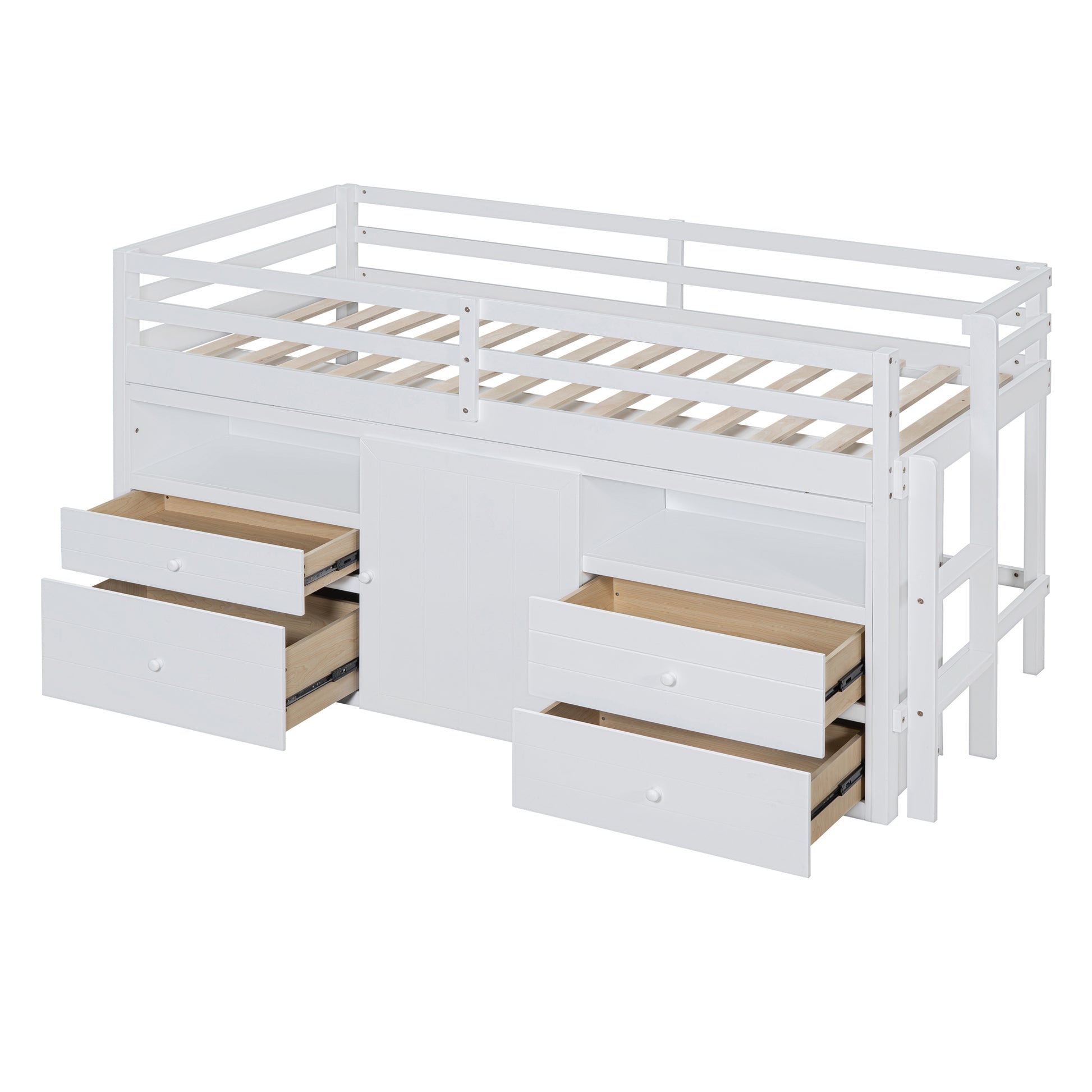 White loft bed with multiple drawers and open storage cubbies