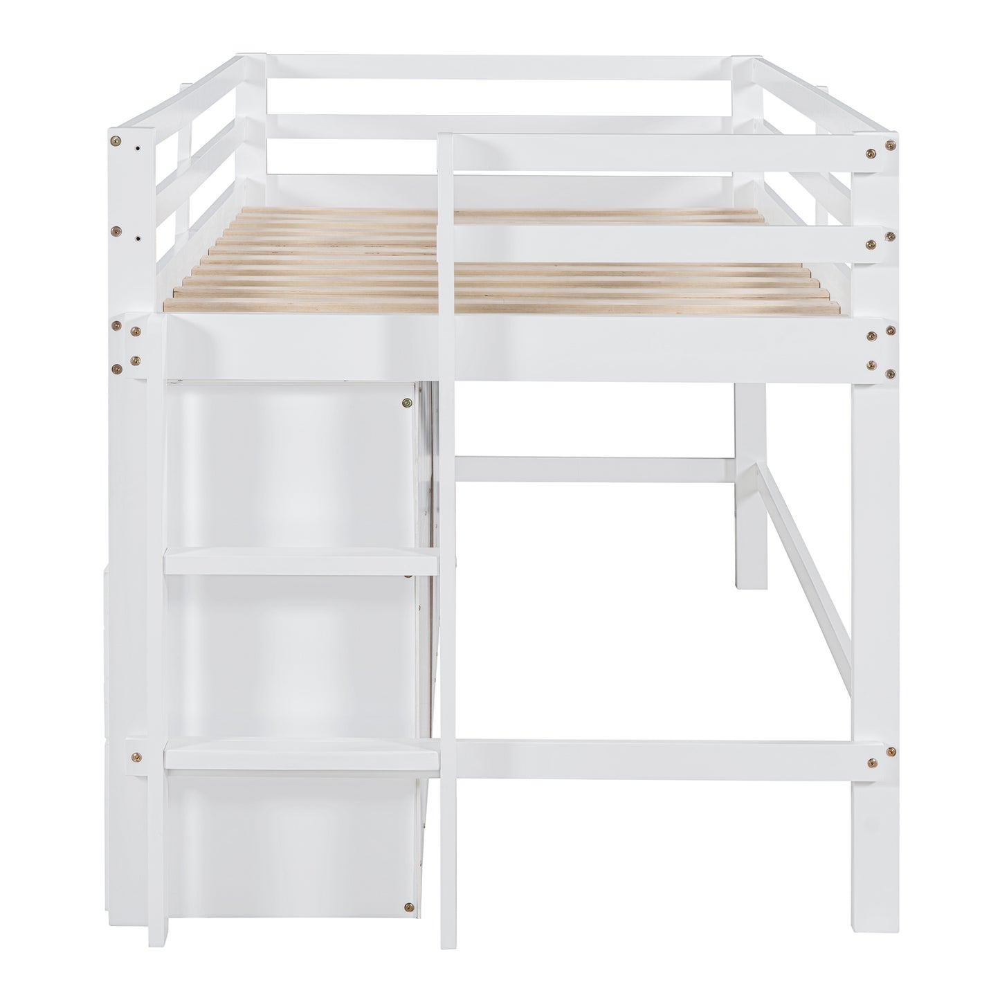 White wooden loft bed with integrated ladder and shelves