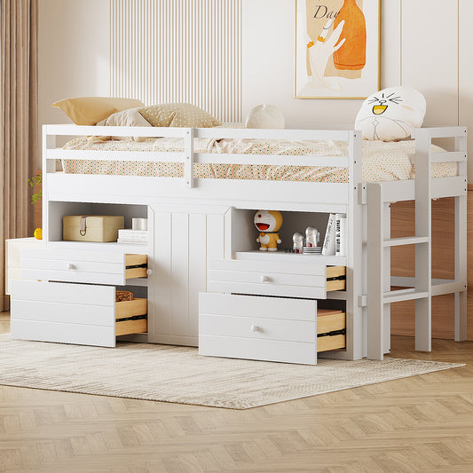 White loft bed with drawers and cabinet storage for childrens room