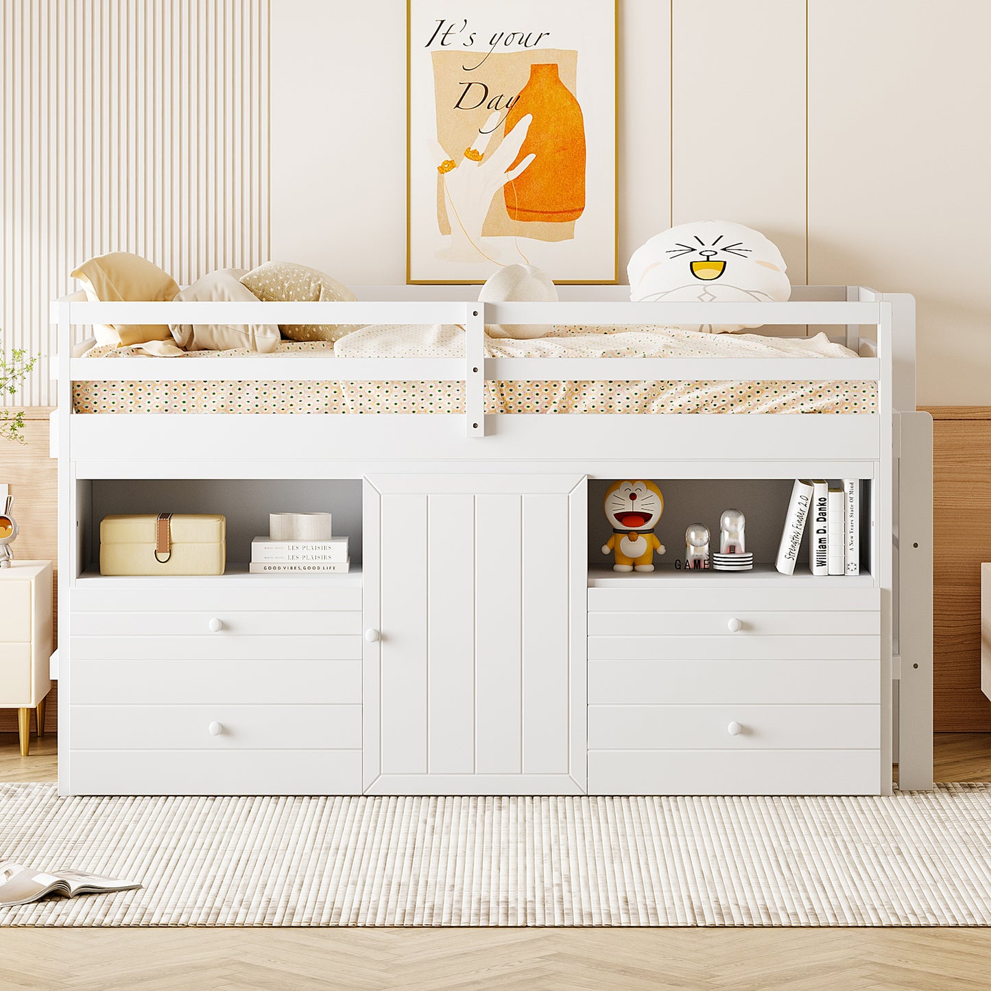 White wooden loft bed with drawers and storage shelves
