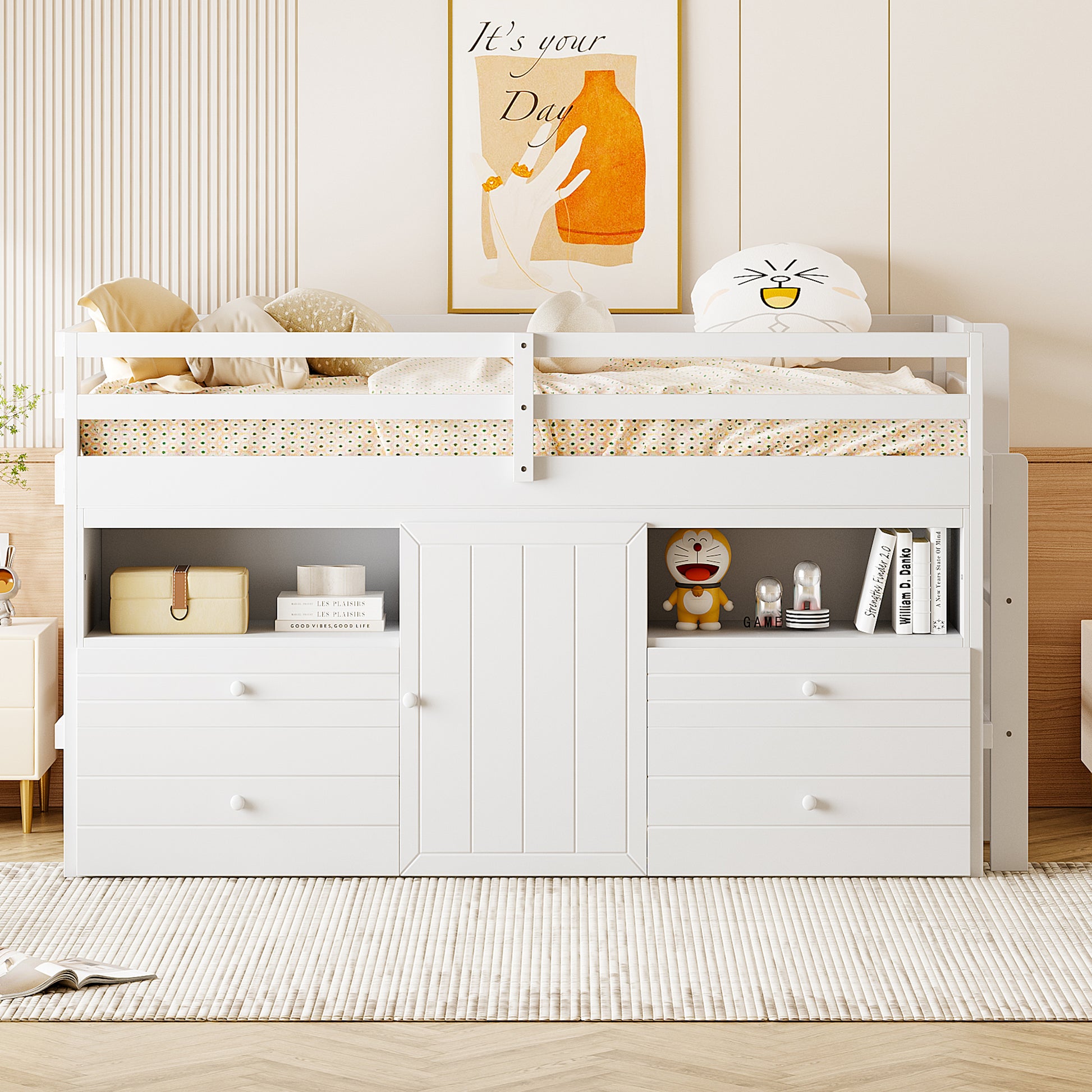 White wooden loft bed with drawers and storage shelves