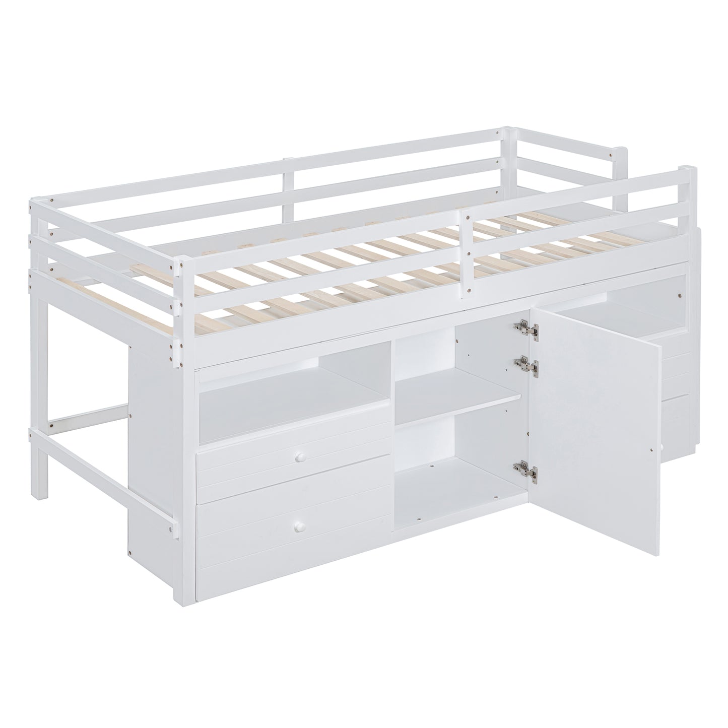 White loft bed frame with drawers and open cabinet doors