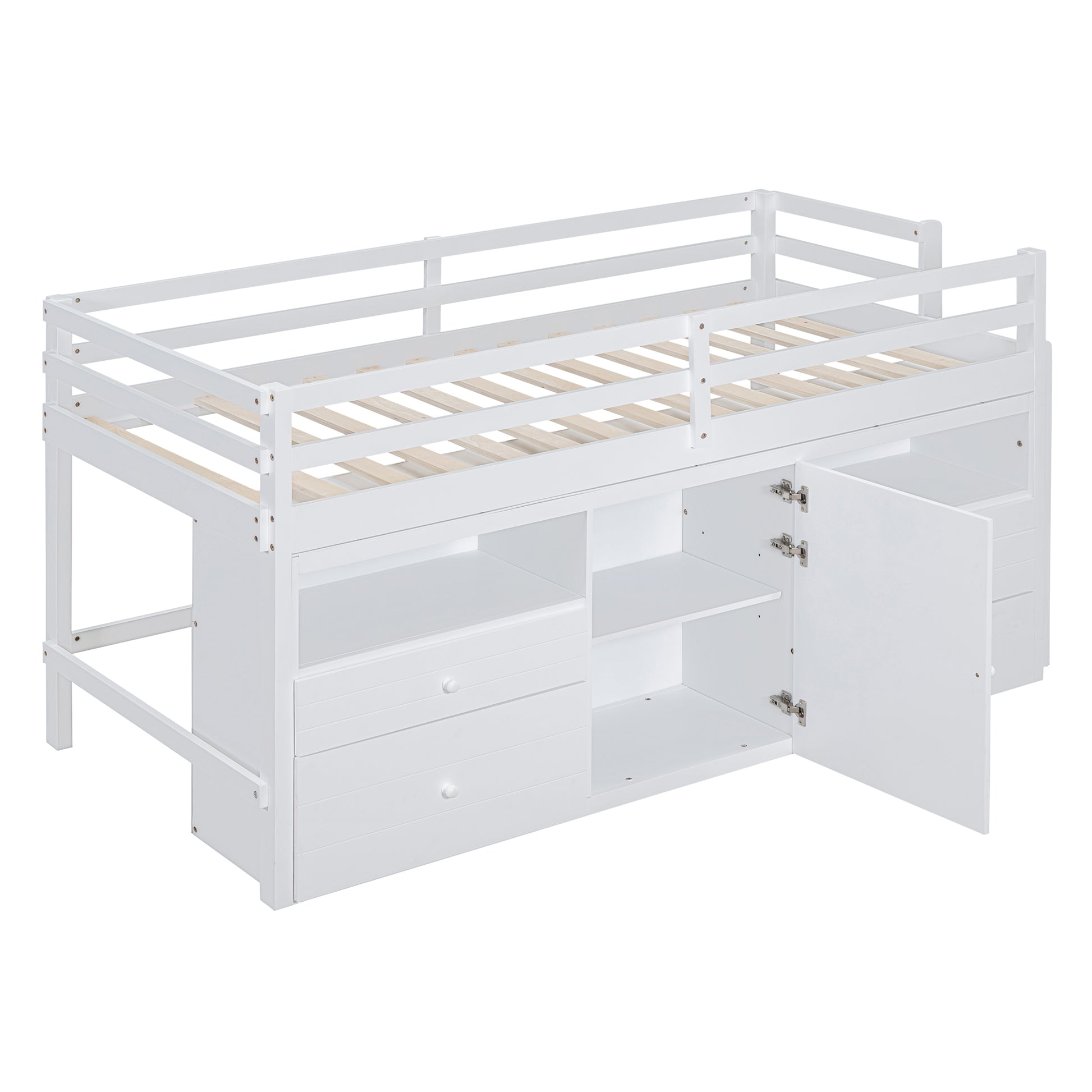White loft bed frame with drawers and open cabinet doors