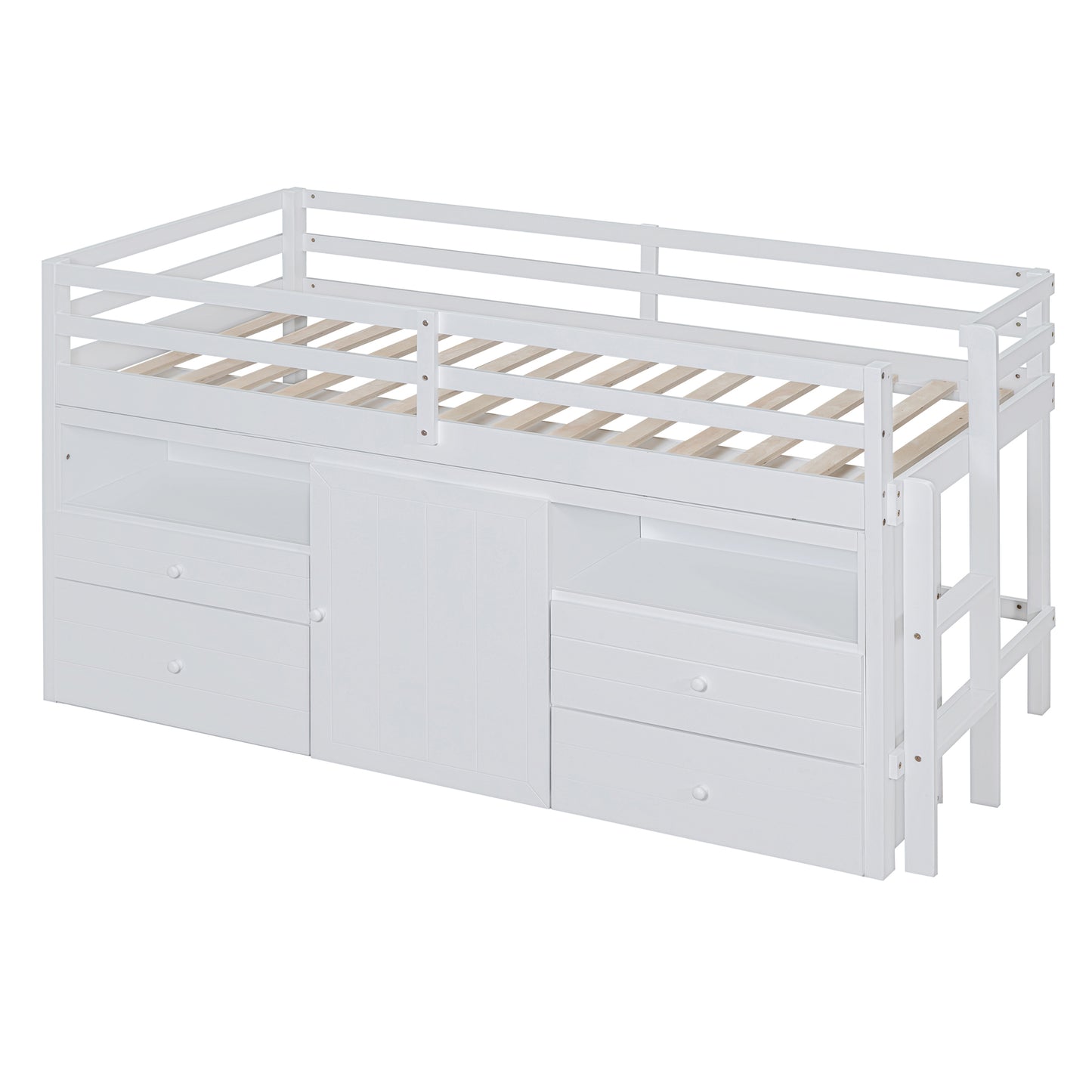 White wooden loft bed frame with drawers and cabinet