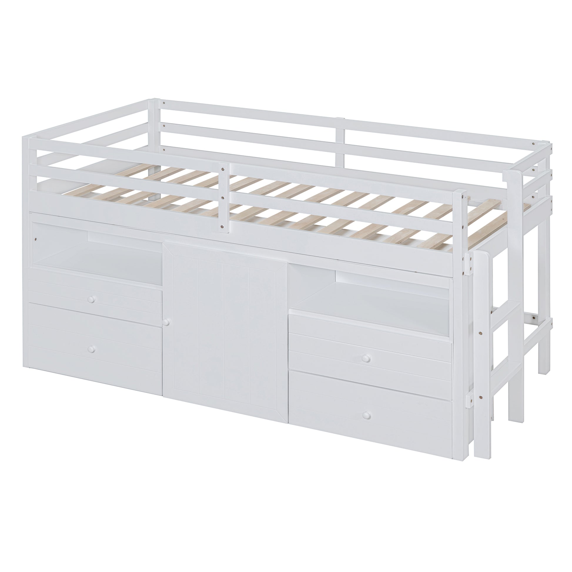 White wooden loft bed frame with drawers and cabinet