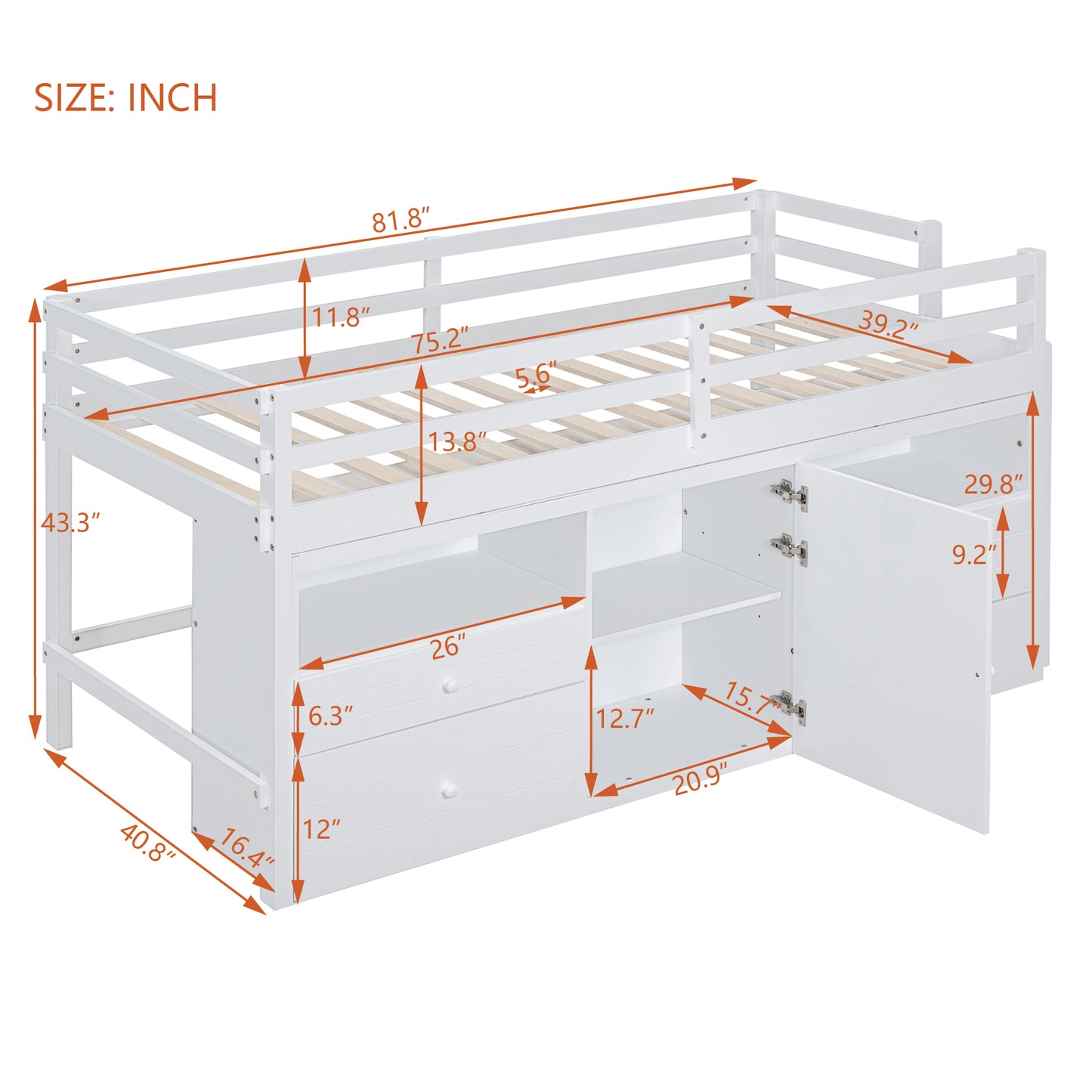 White loft bed with storage drawers and cabinet