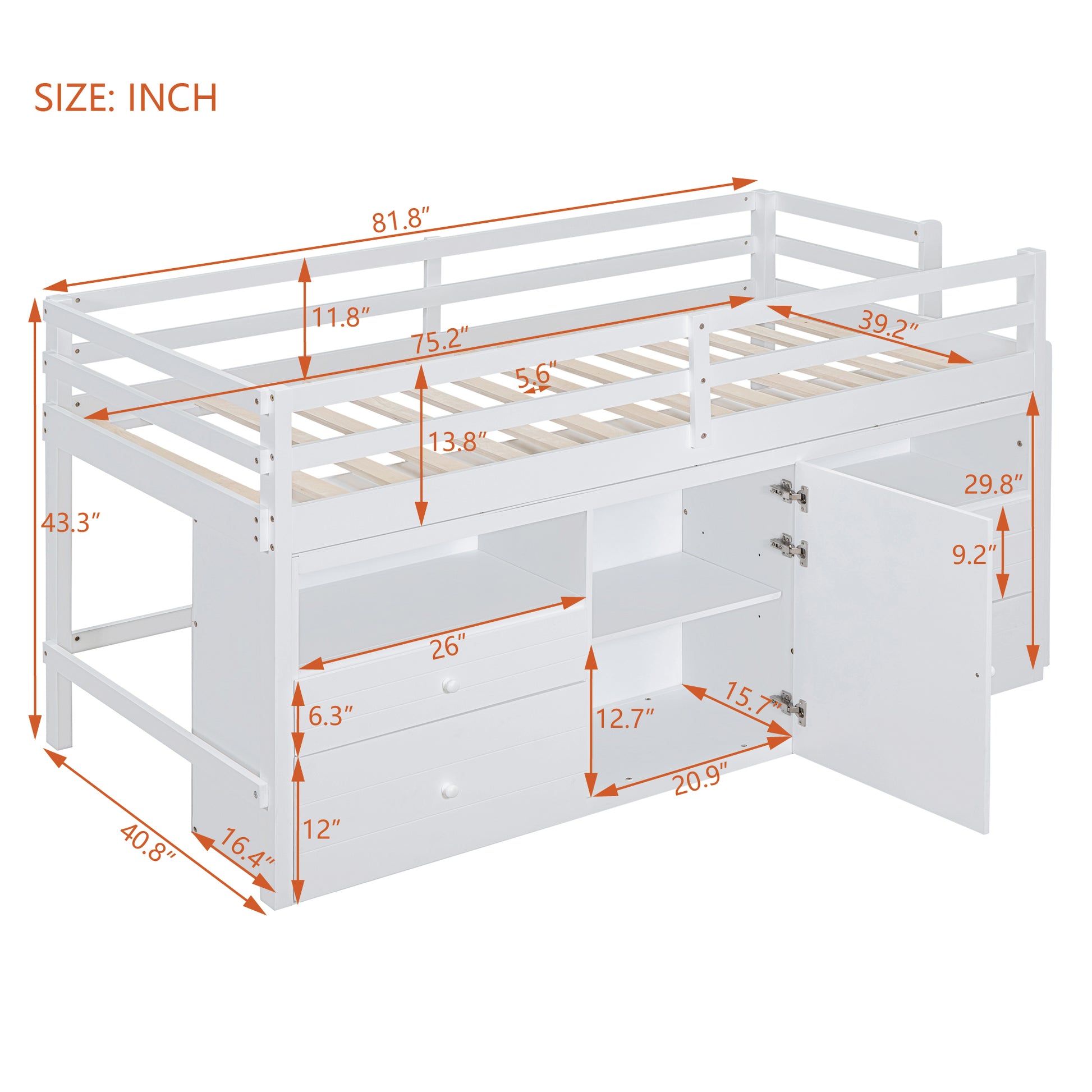 White loft bed with storage drawers and cabinet