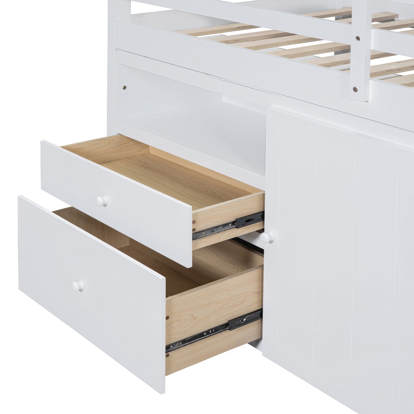White wooden loft bed with two open drawers