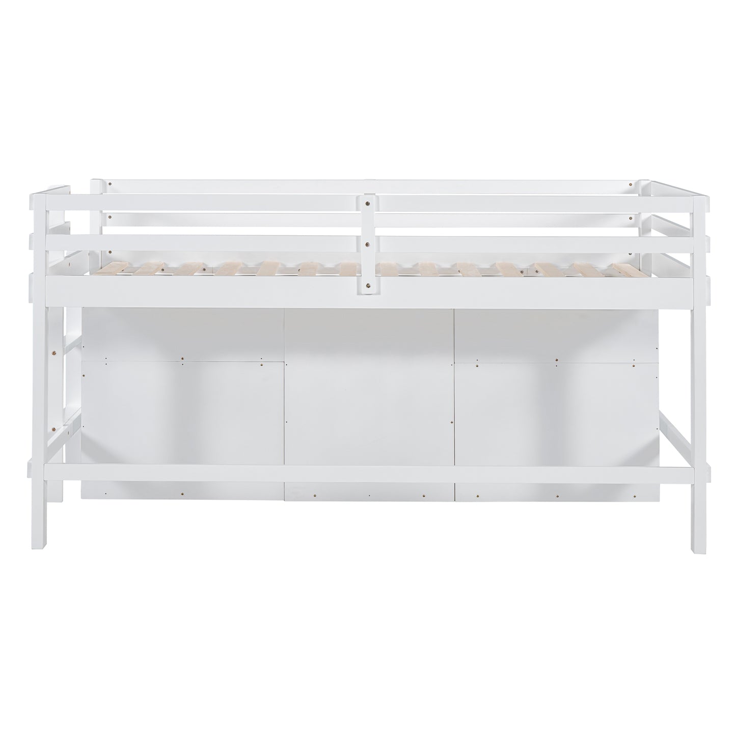 White wooden bunk bed with ladder on the left and storage panels