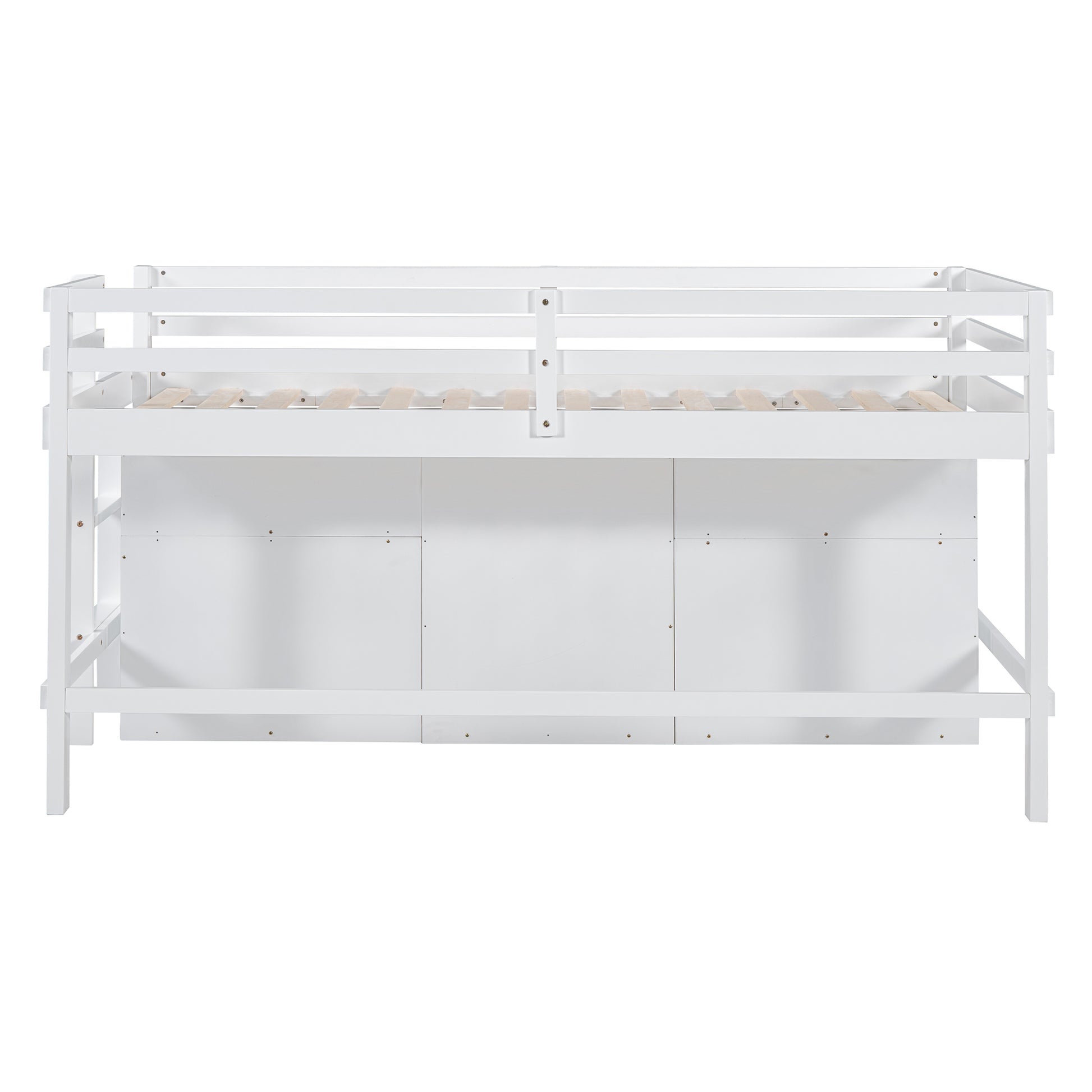 White wooden bunk bed with ladder on the left and storage panels