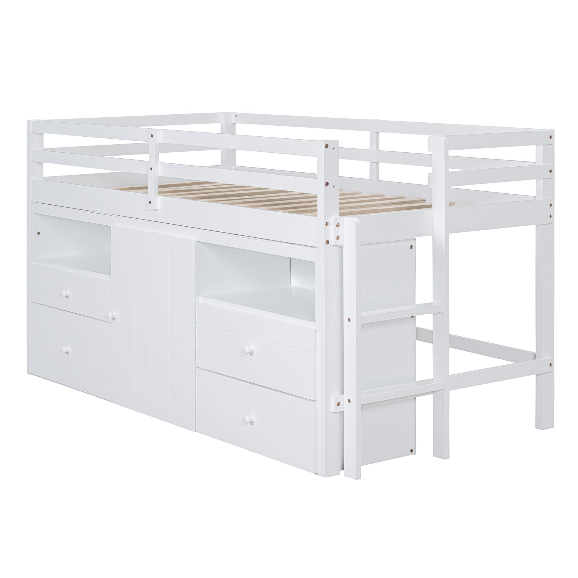 White wooden loft bed with integrated drawers and cabinet