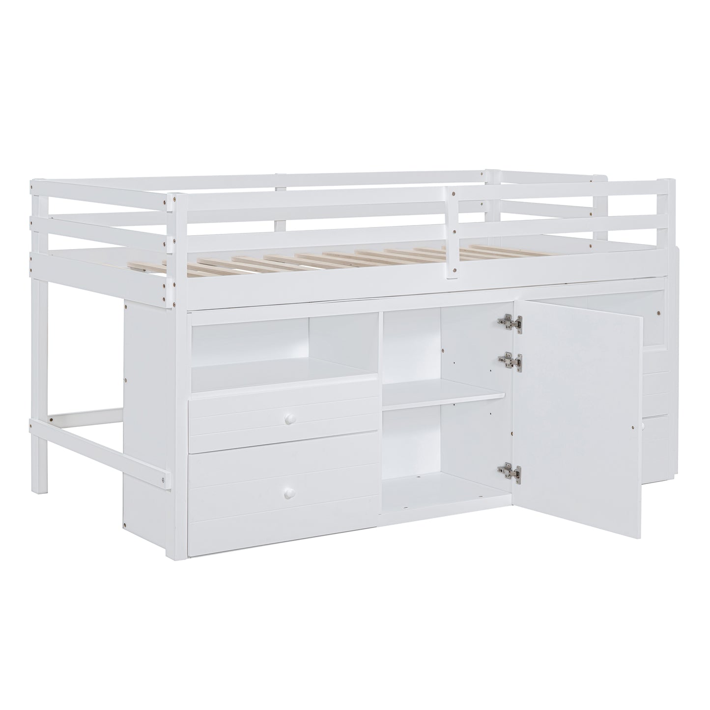 White twin loft bed with builtin drawers and cabinet storage