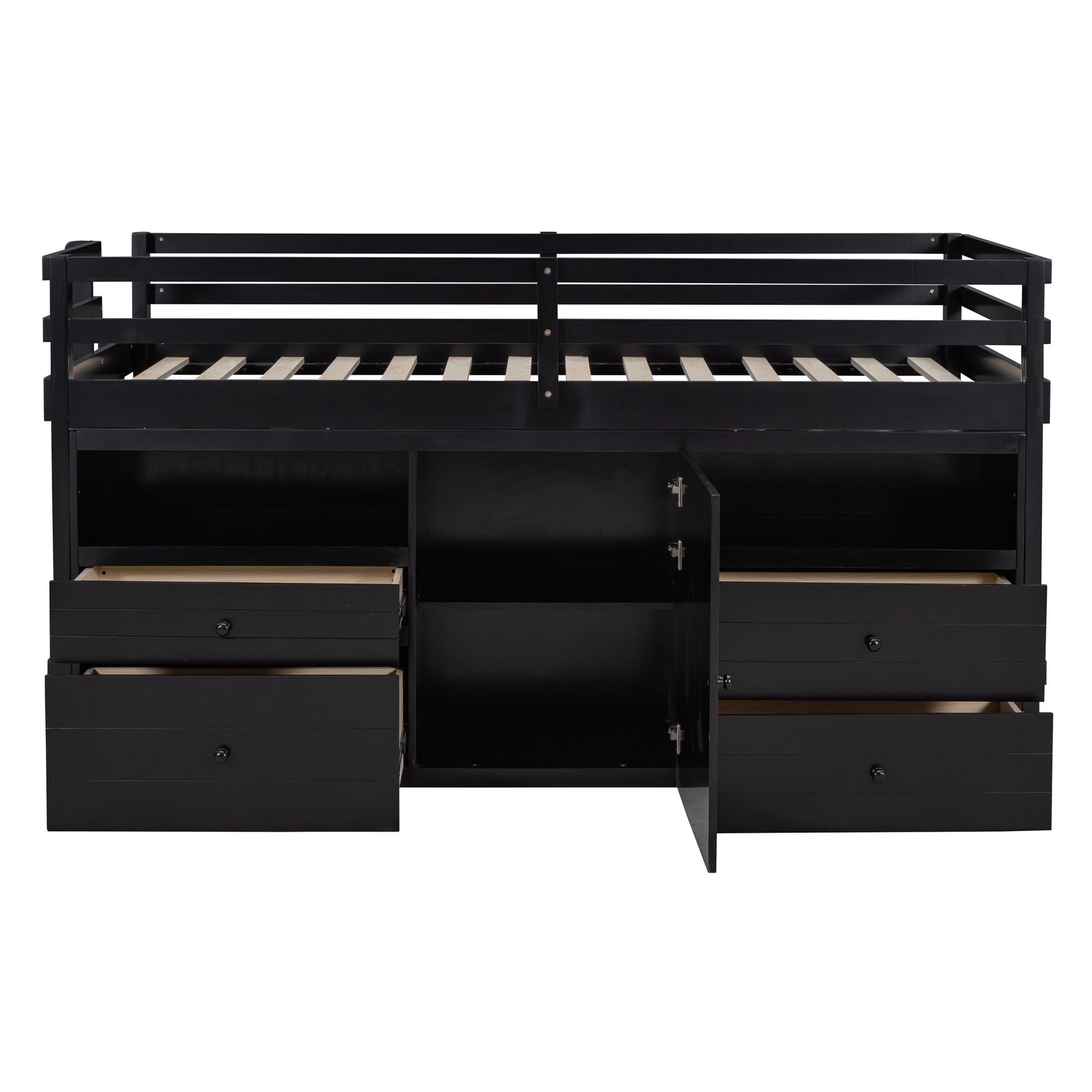 Black twin loft bed with drawers and cabinet