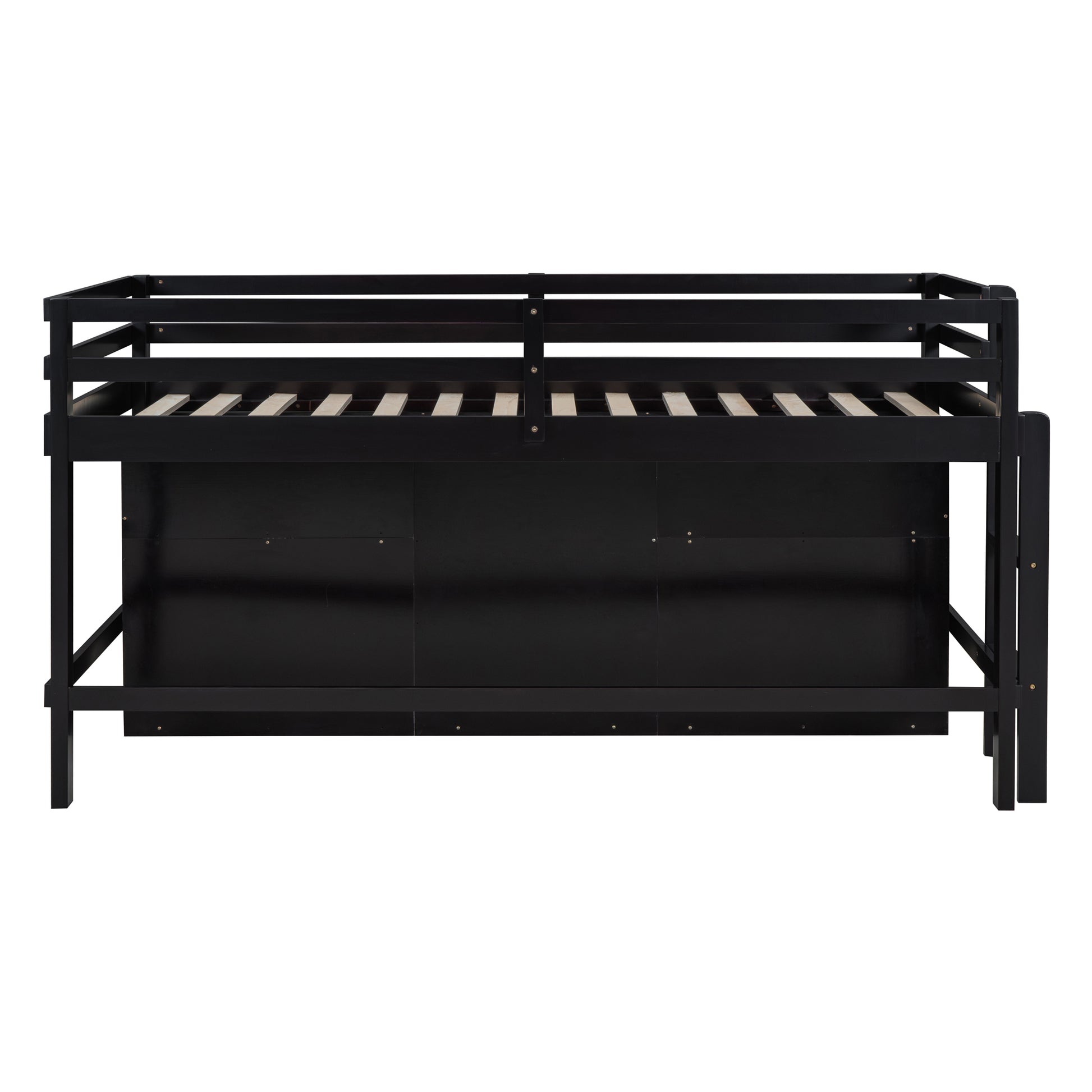 Black twin loft bed with wood slats and safety rails