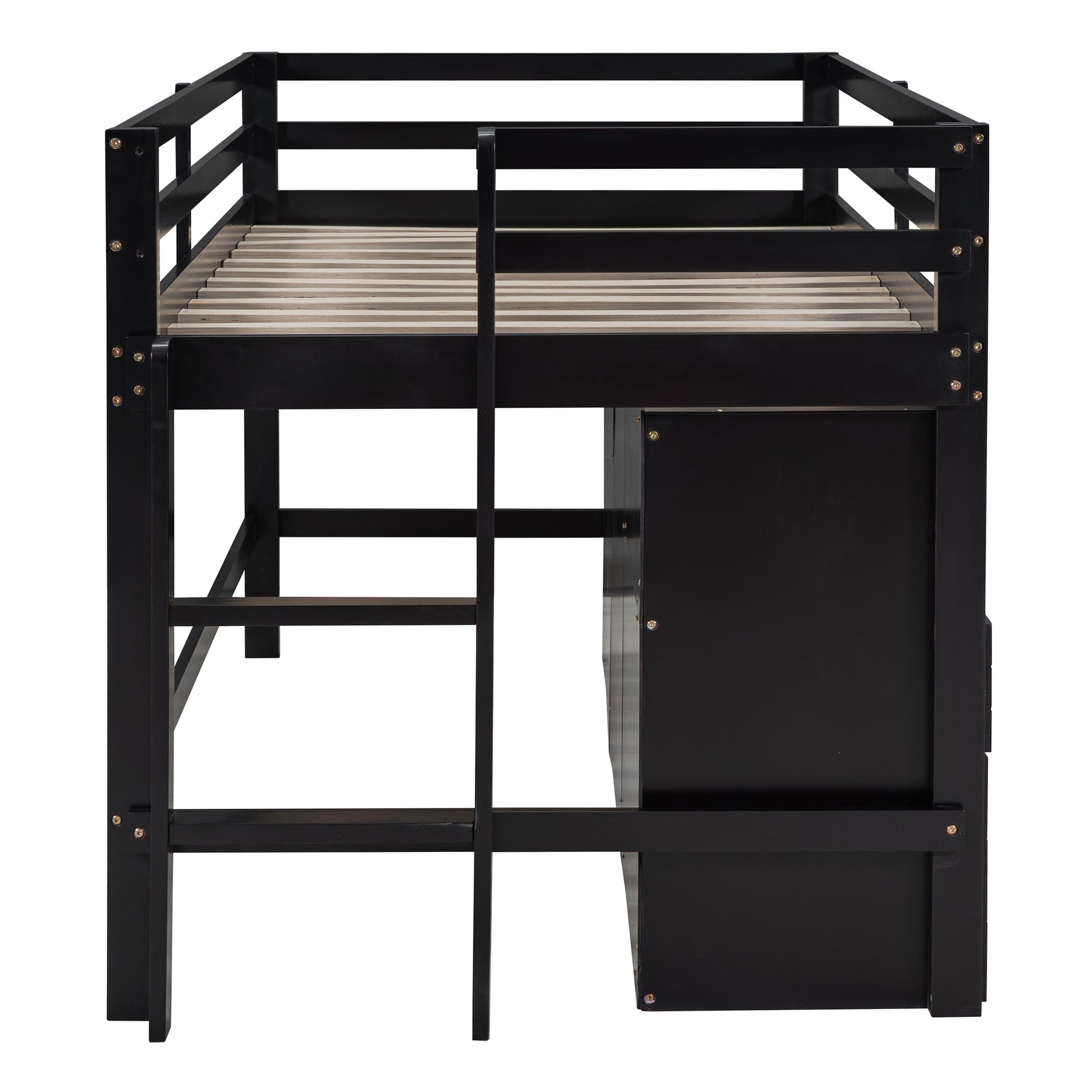 Black loft bed with desk and ladder