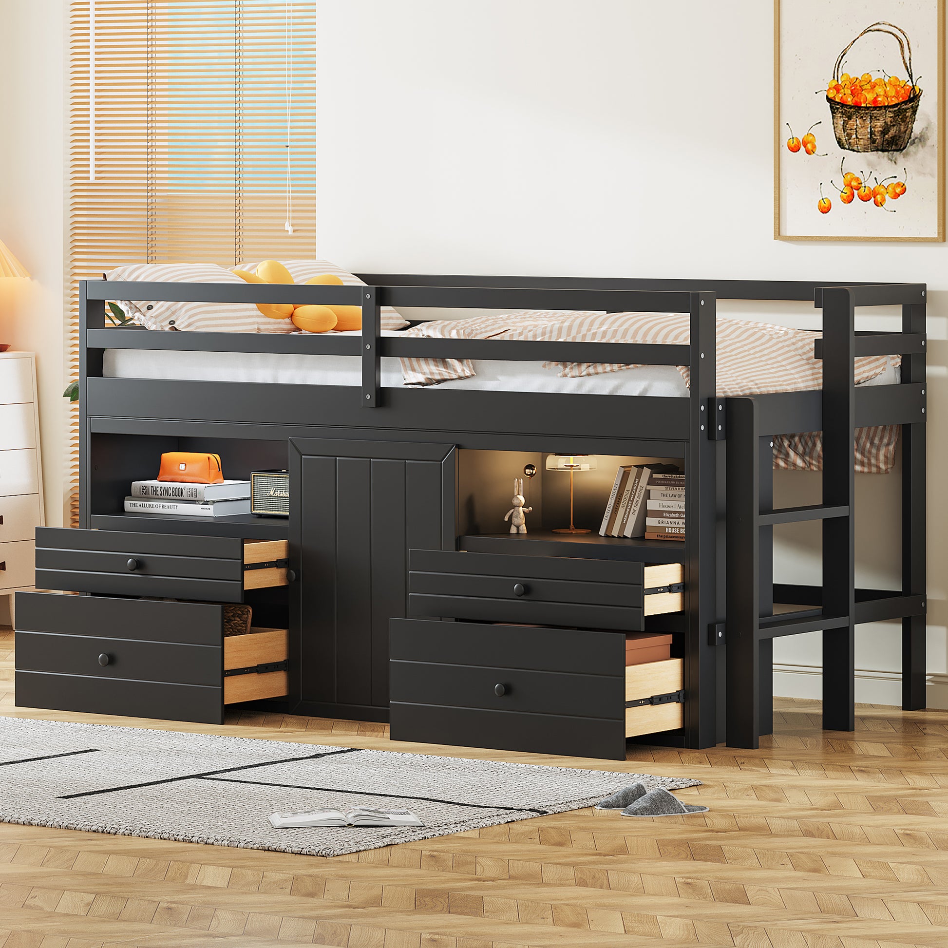 Black loft bed with drawers and cabinet storage