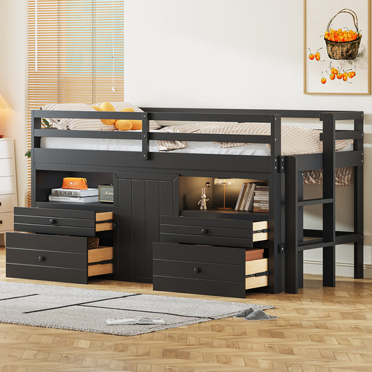 Black loft bed with drawers and cabinet storage