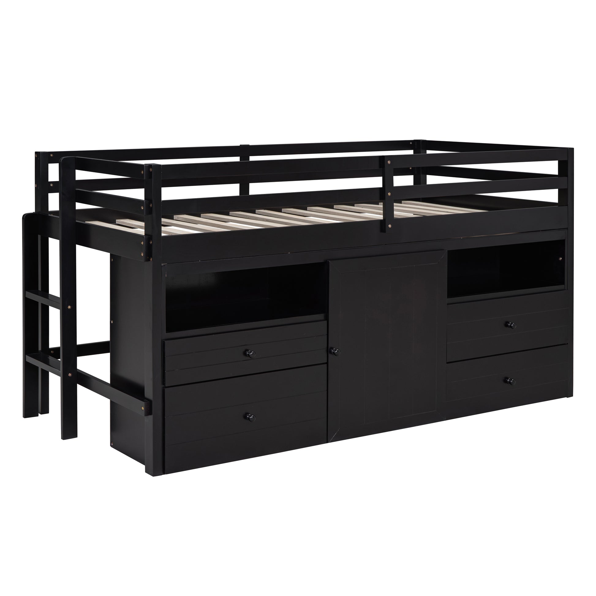 Black wooden loft bed with storage drawers and a sliding door