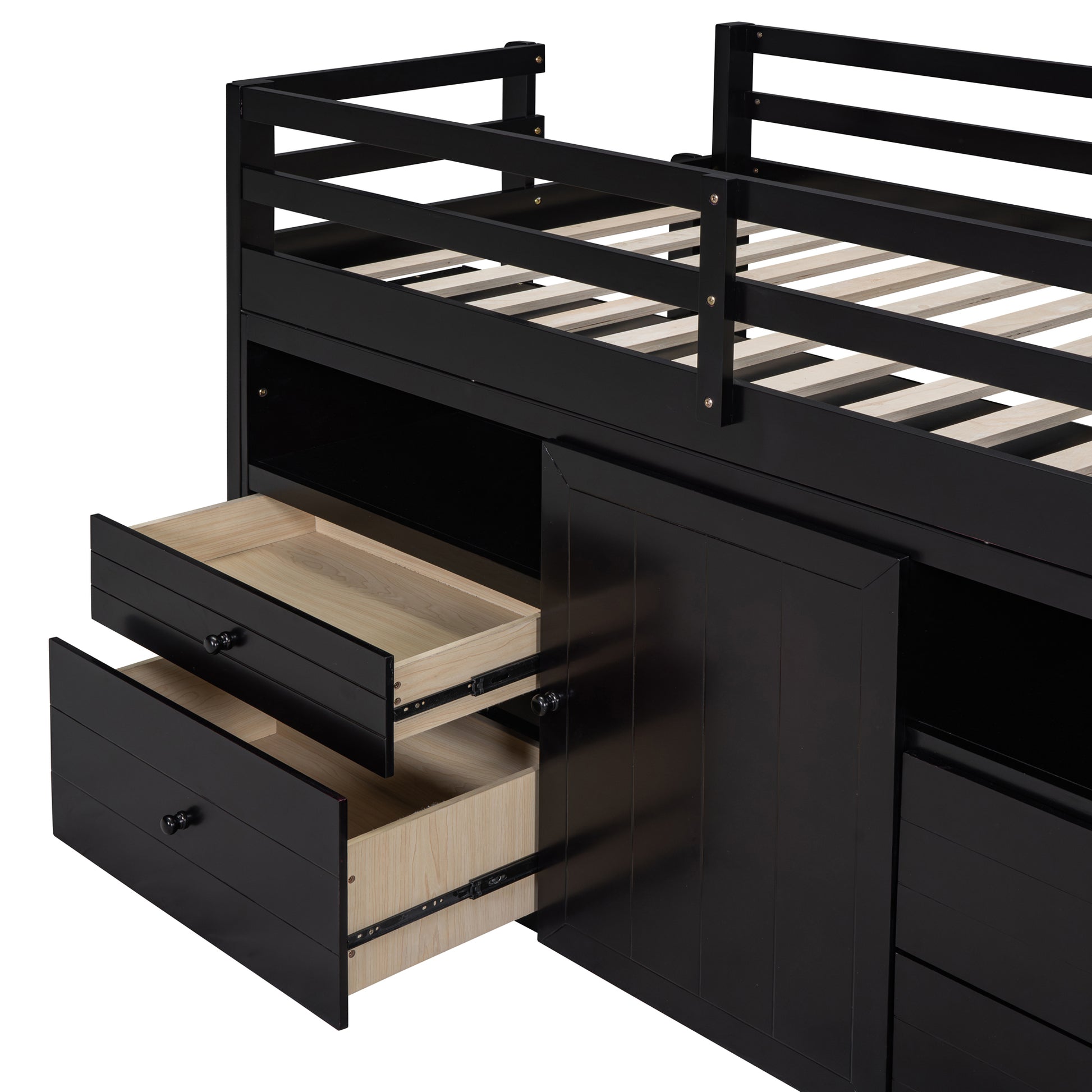 Black loft bed with drawers and sliding door cabinet
