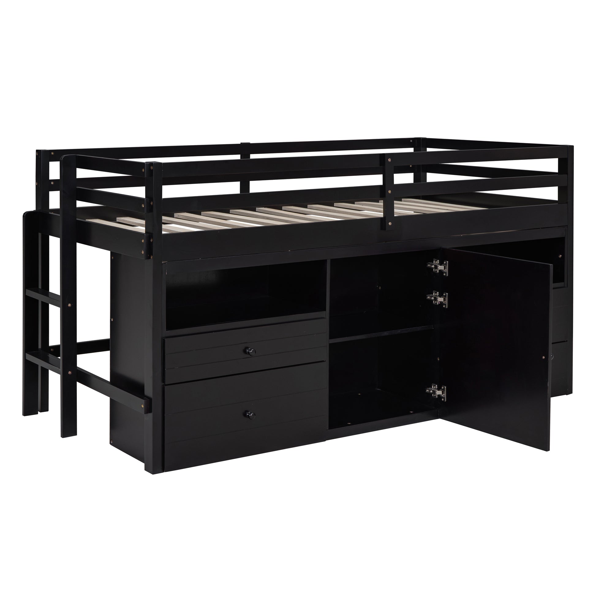 Black wooden loft bed with drawers and open cabinet