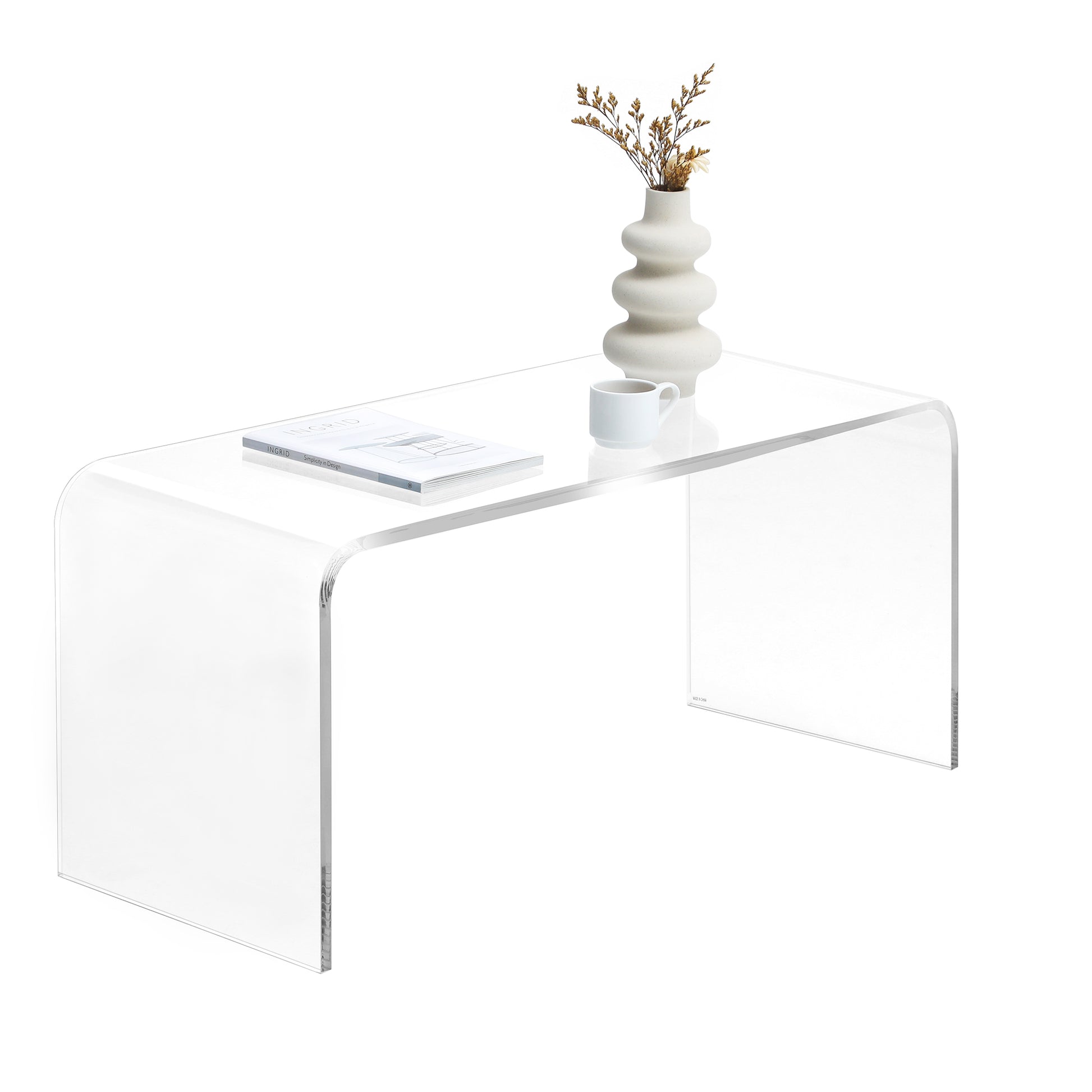 Clear acrylic waterfall coffee table with rounded edges