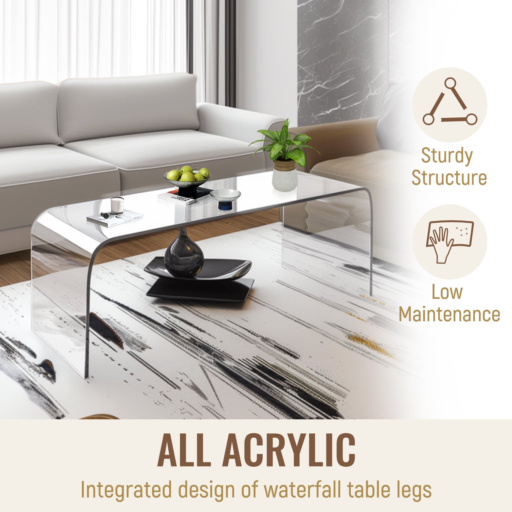 Clear acrylic coffee table with curved waterfall legs and modern design