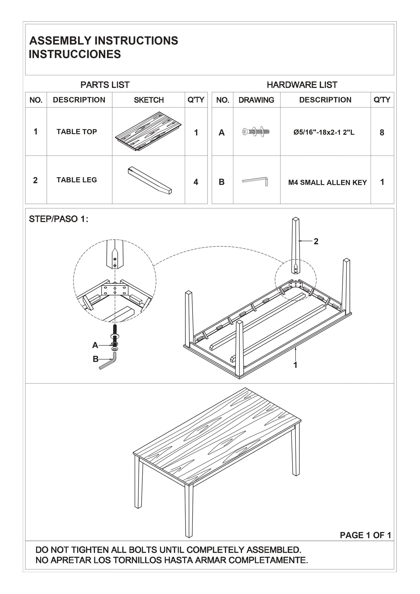 Wood grain table top for easy assembly