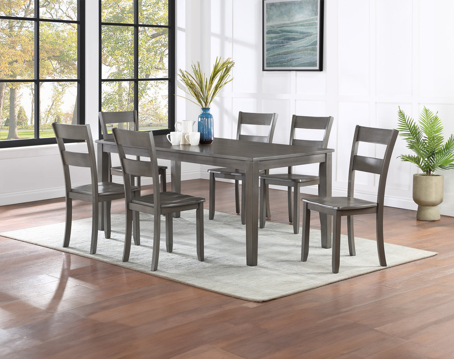Gray piece dining set with rectangular table and ladderback chairs
