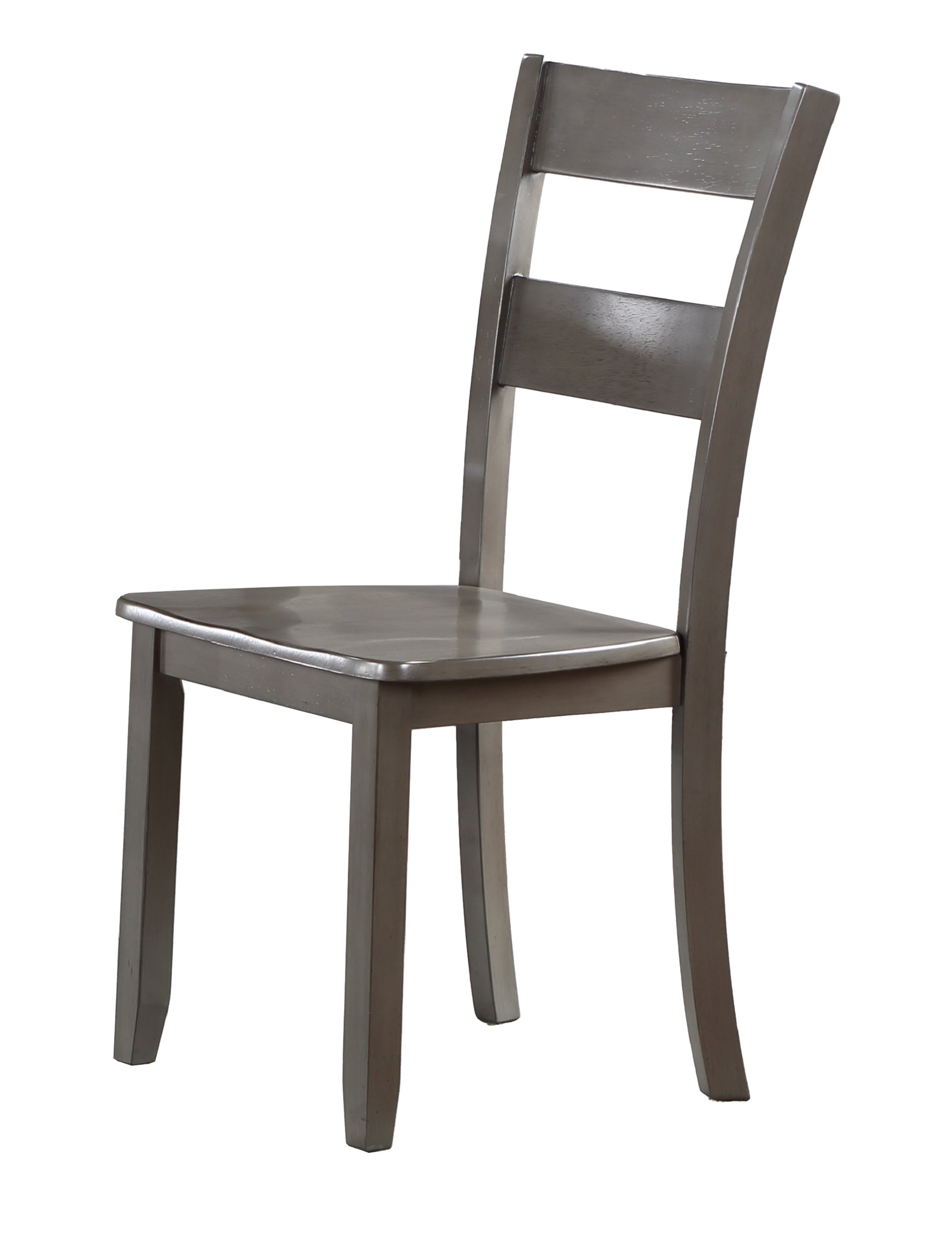 Grey wooden dining chair with a slatted back and contoured seat