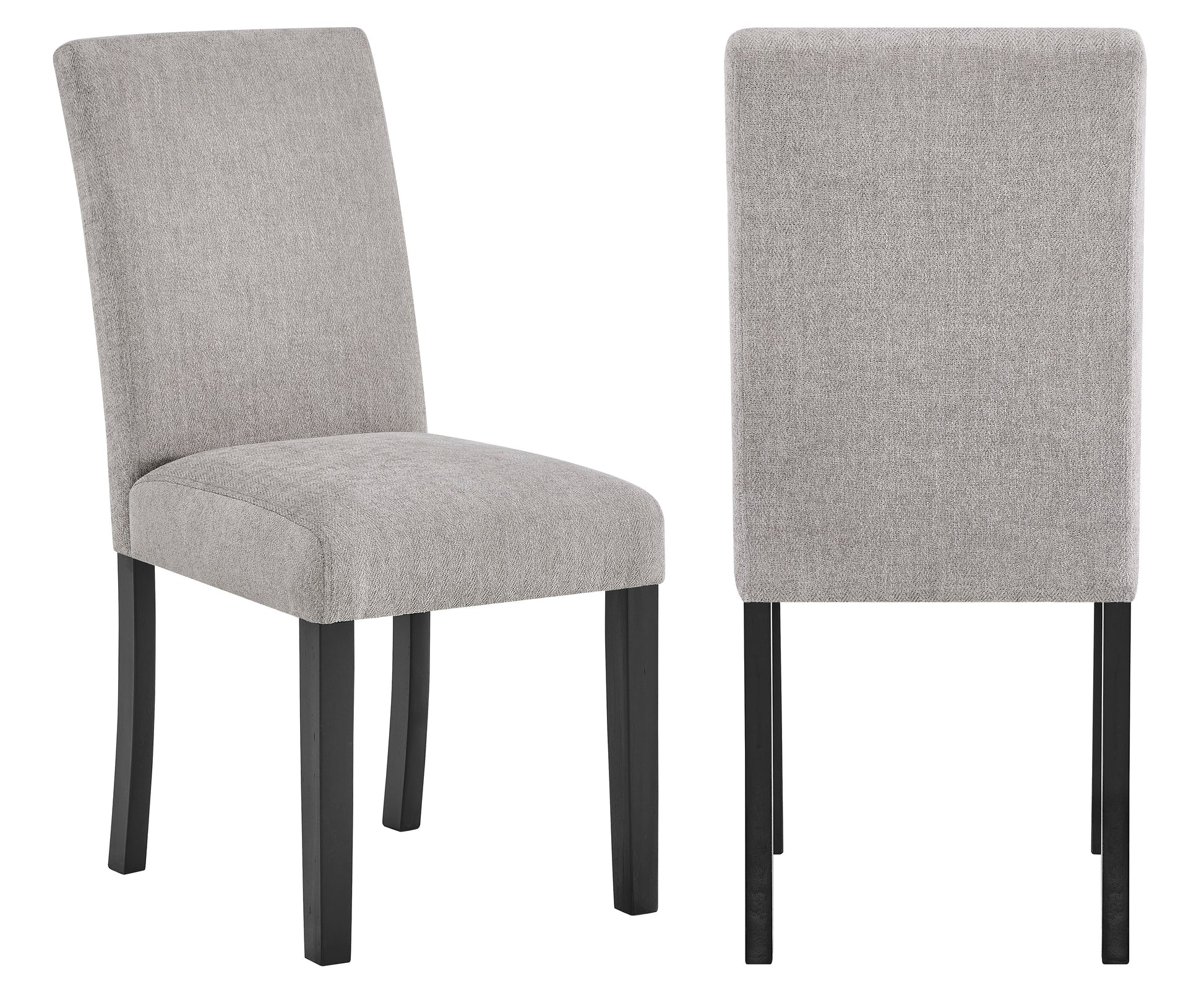 Light gray upholstered dining chair with dark wood legs