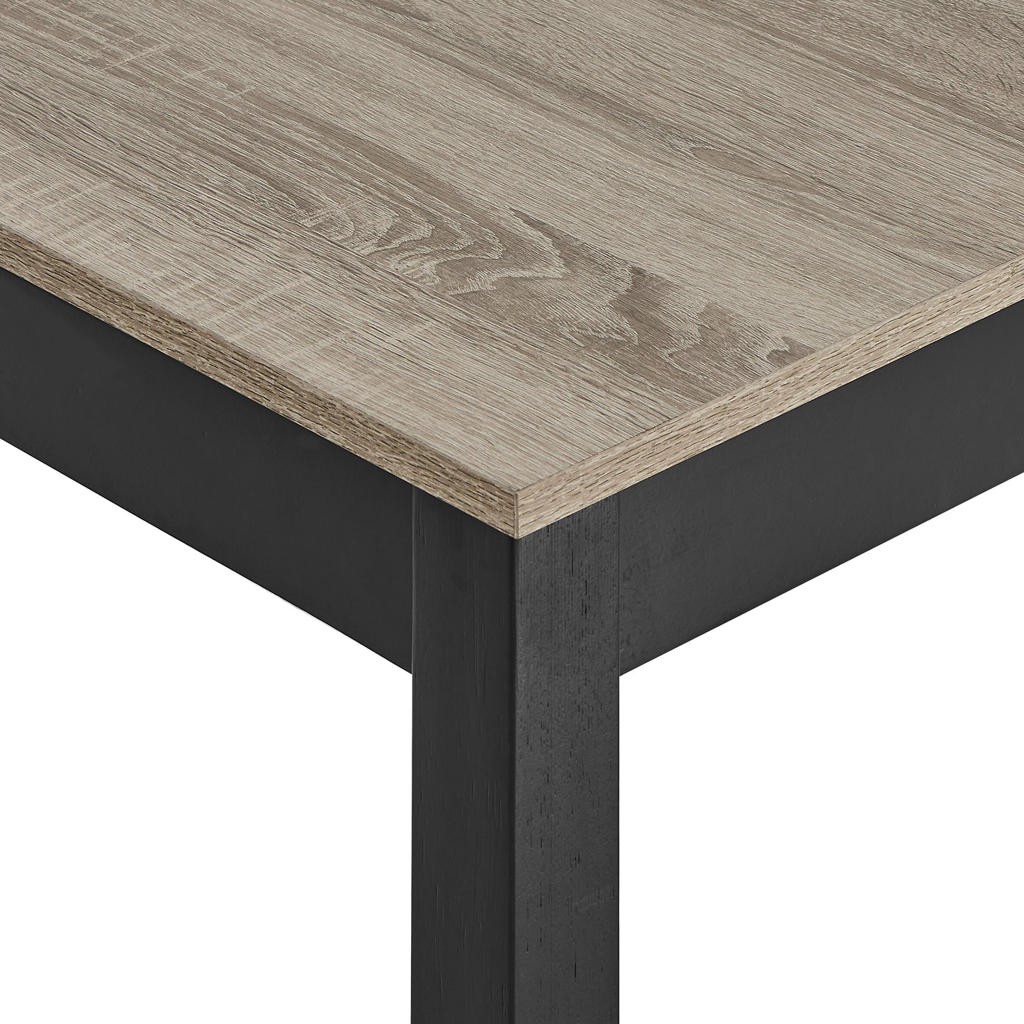 Textured oak wood dining table with black metal legs