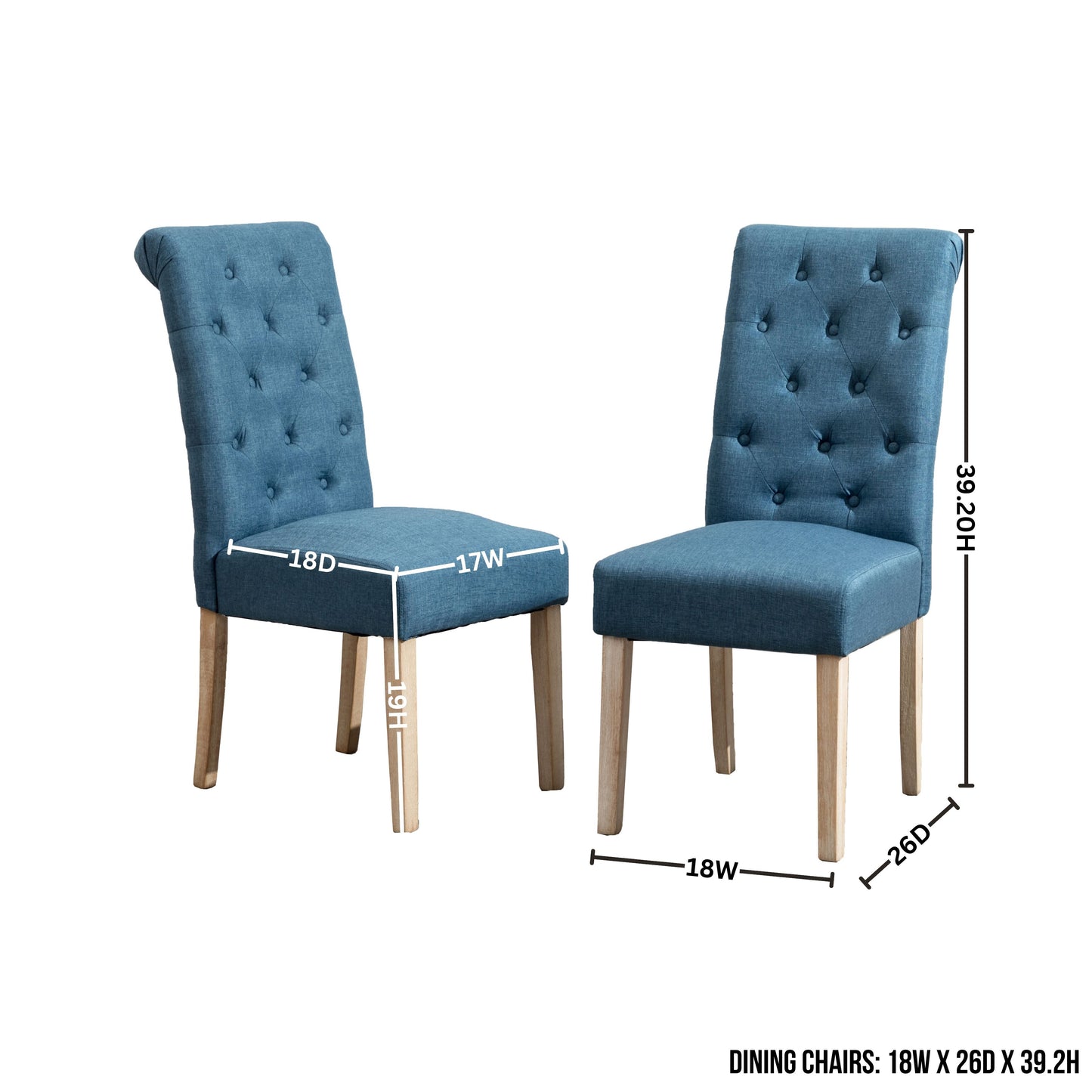 Tufted blue fabric dining chair with natural wood legs