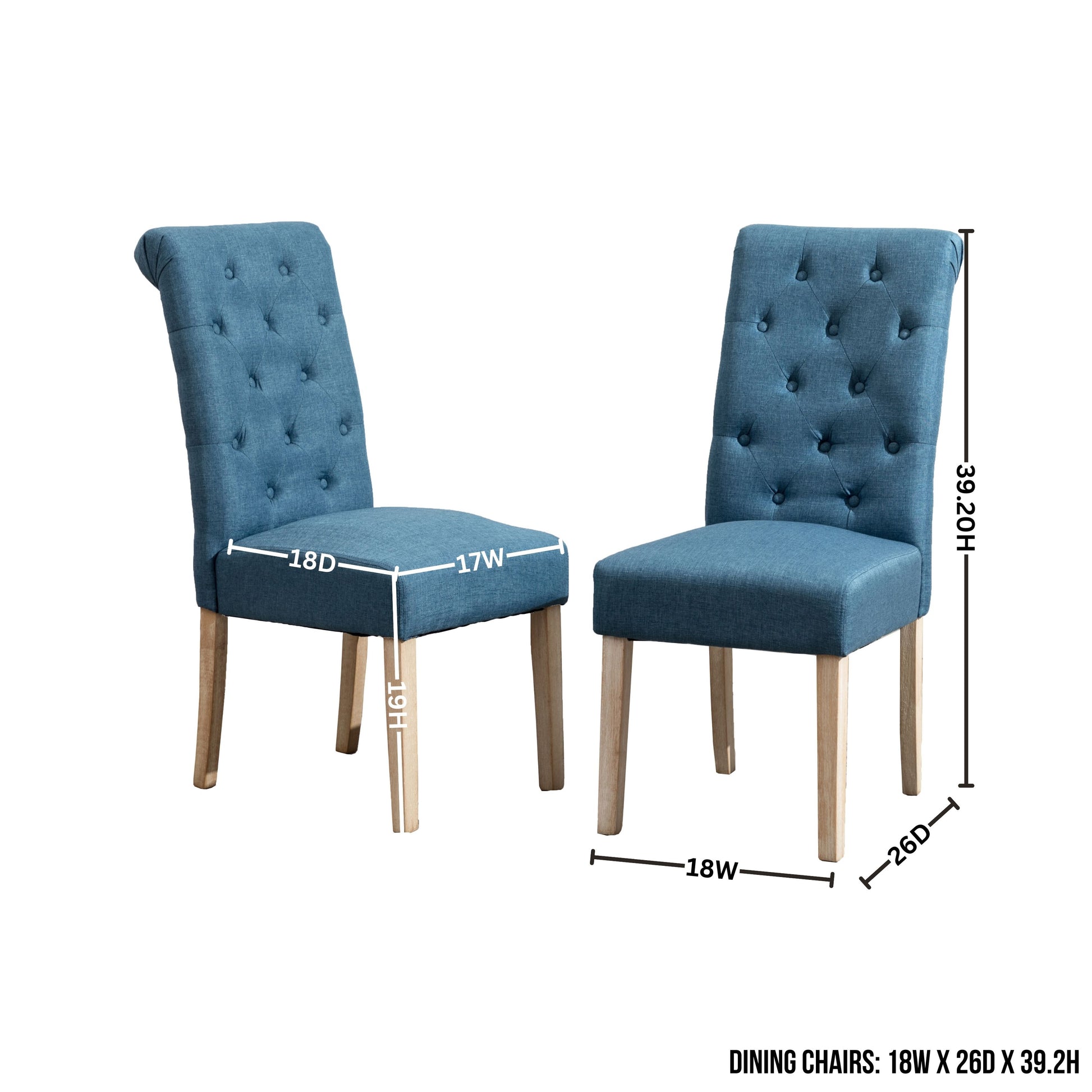 Tufted blue fabric dining chair with natural wood legs