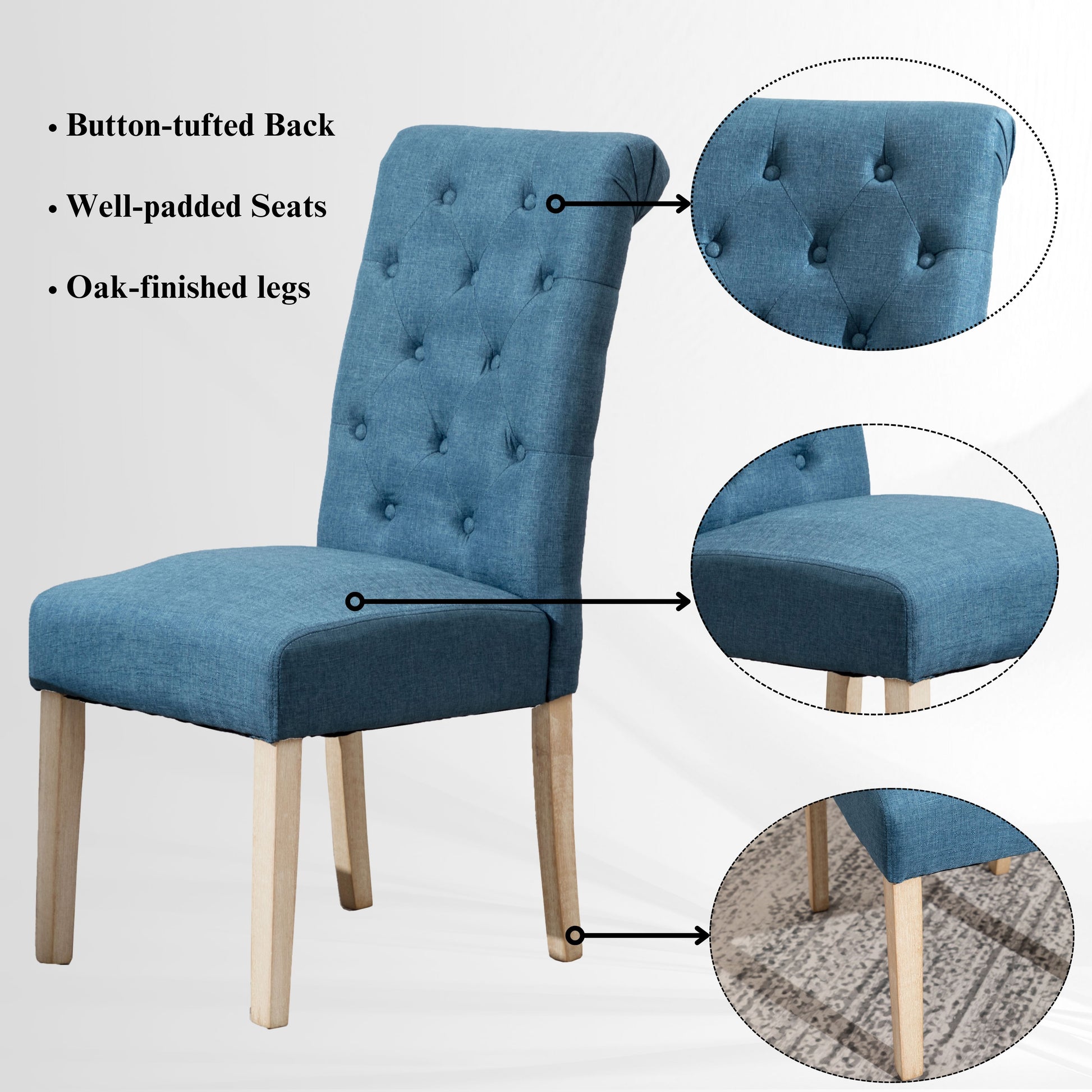 Blue upholstered dining chair with buttontufted back and oak legs
