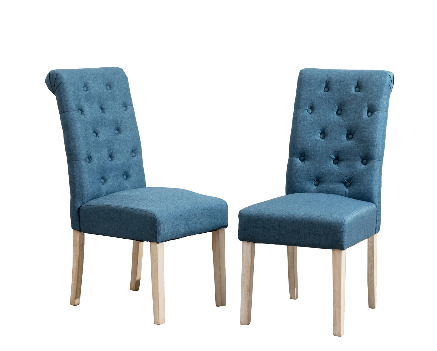 Two blue tufted dining chairs with light wood legs