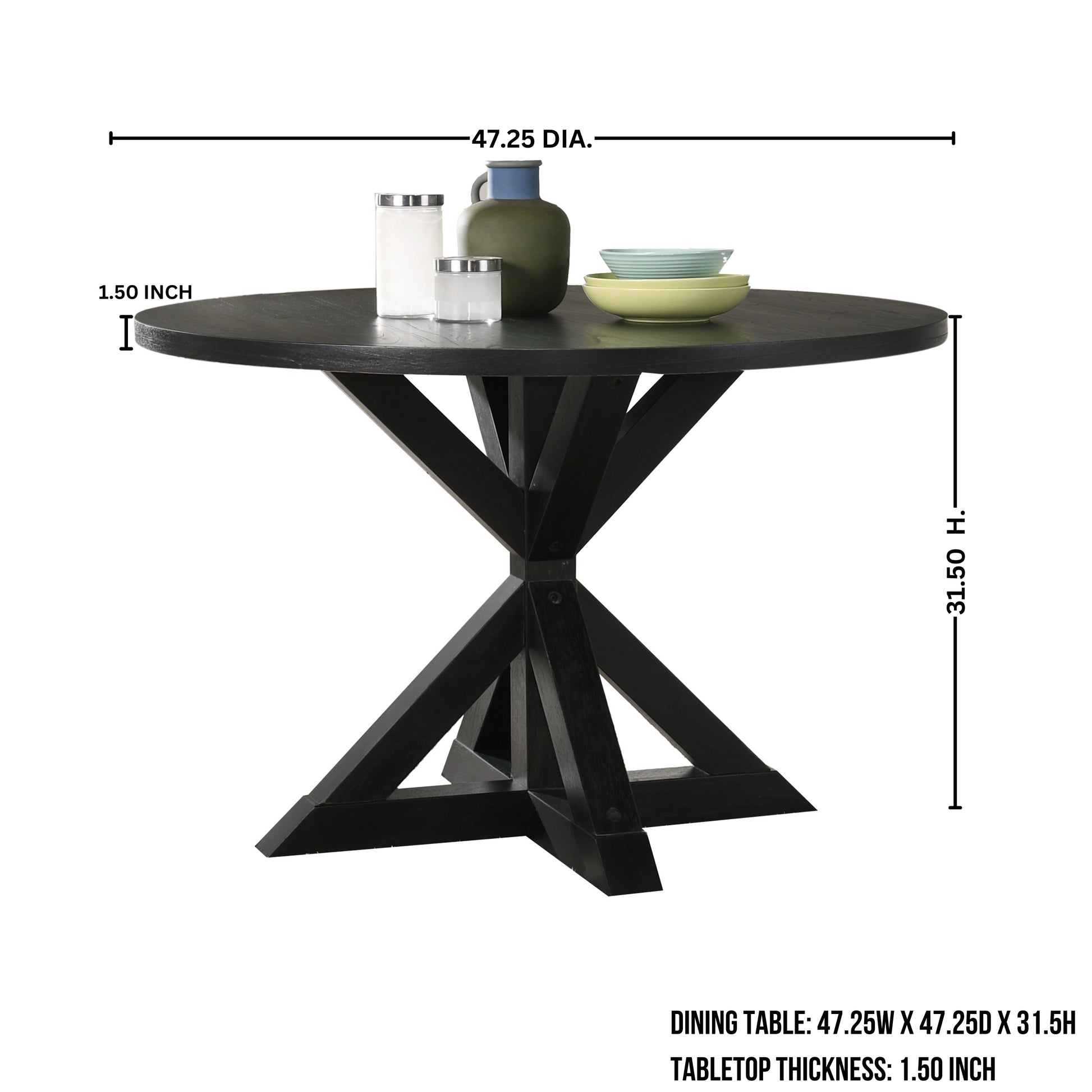 Black round dining table with pedestal base and distressed finish