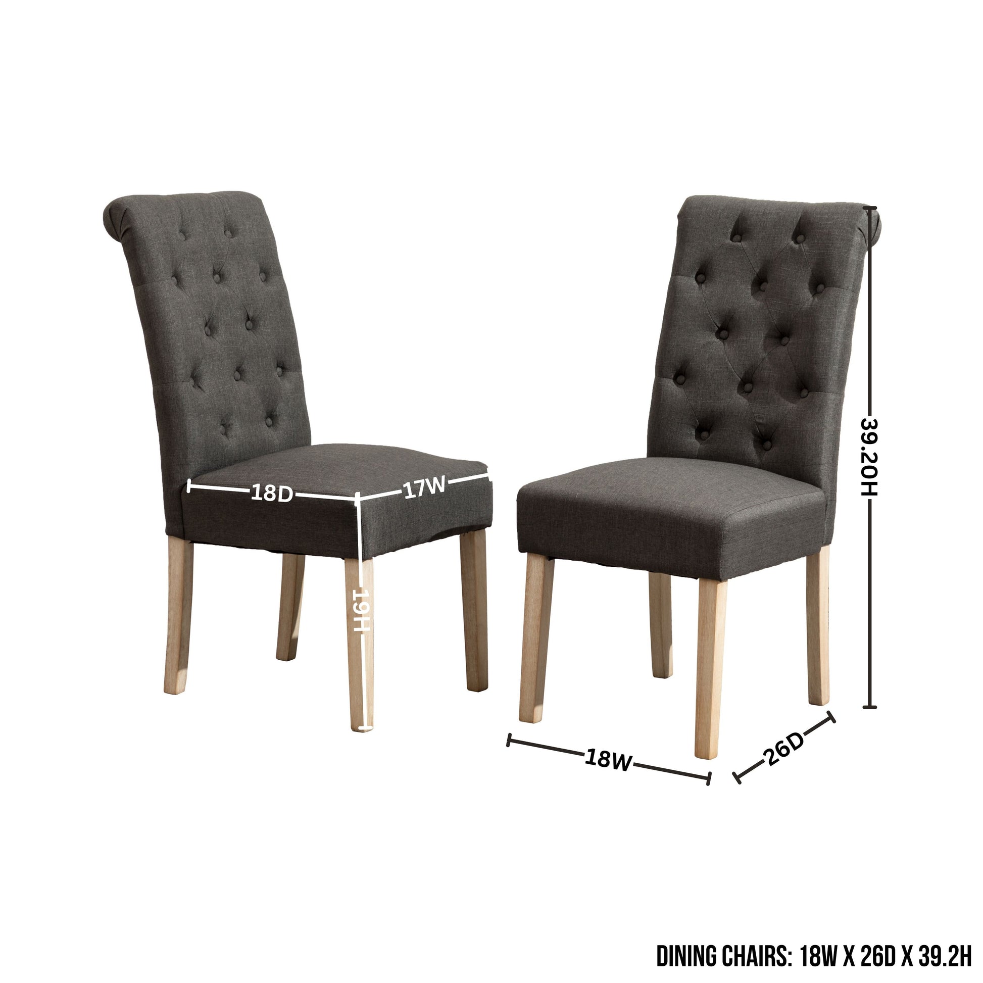 Dark gray upholstered tufted dining chairs with light wood legs