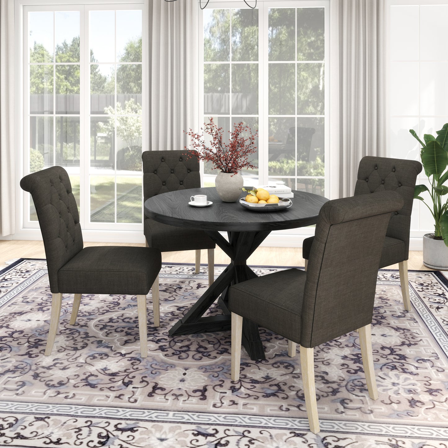 Dark grey upholstered dining chair with tufted back and light wood legs