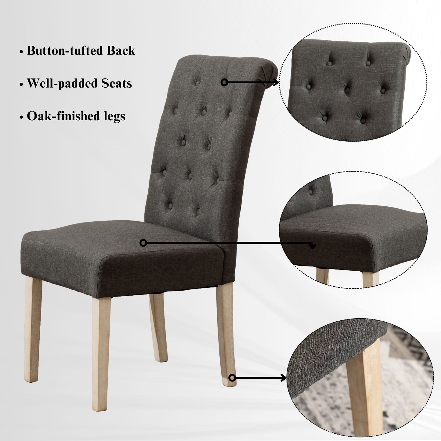 Dark gray upholstered dining chair with buttontufted back and oakfinished legs