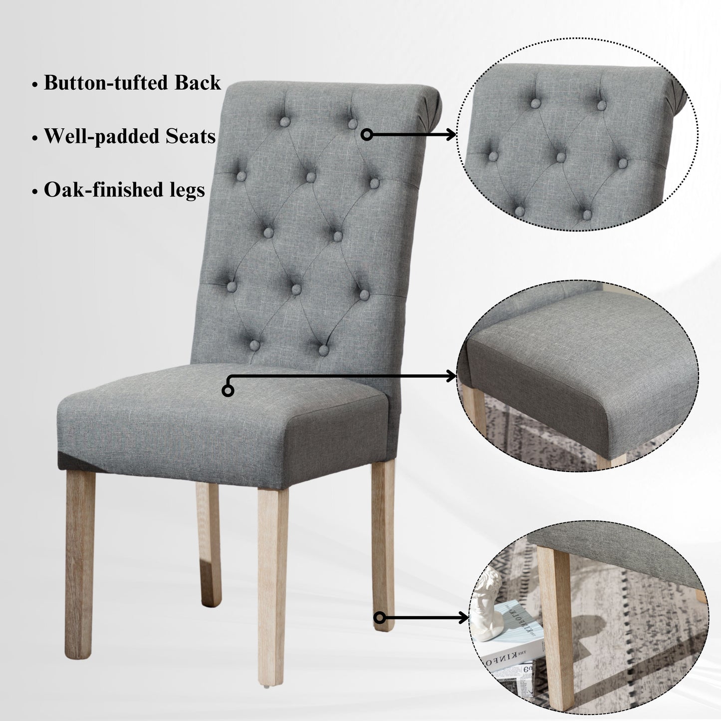 Grey fabric dining chair with buttontufted back and oak legs