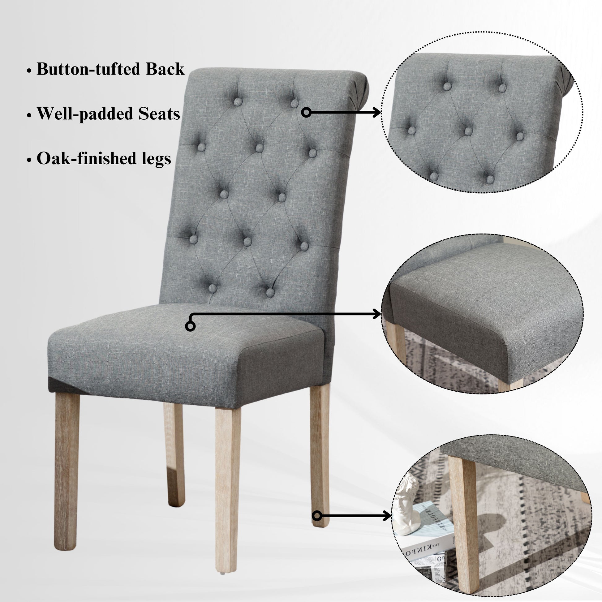 Grey fabric dining chair with buttontufted back and oak legs