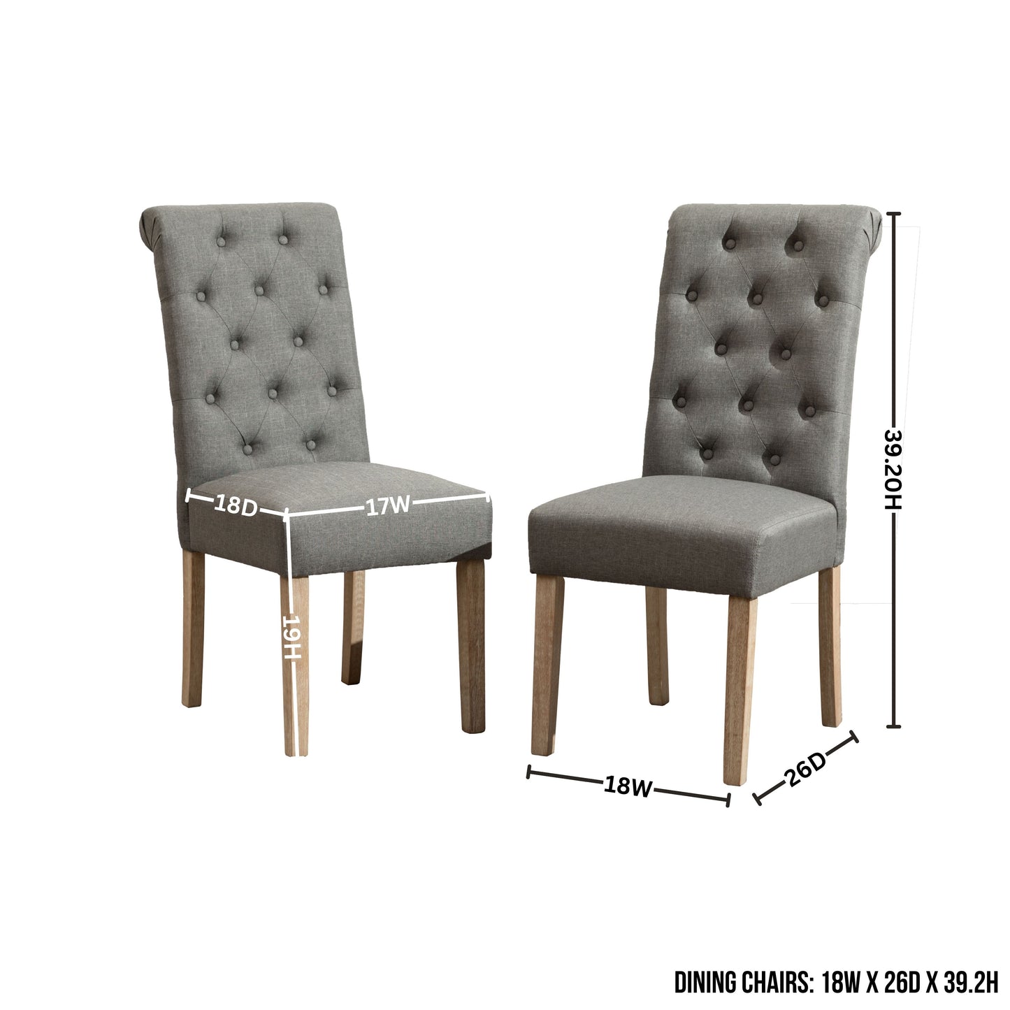 Two grey upholstered tufted dining chairs with wooden legs W x D x H