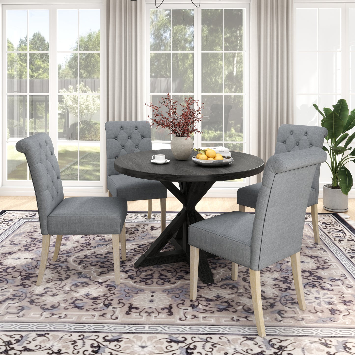 Tufted grey dining chair with light wood legs