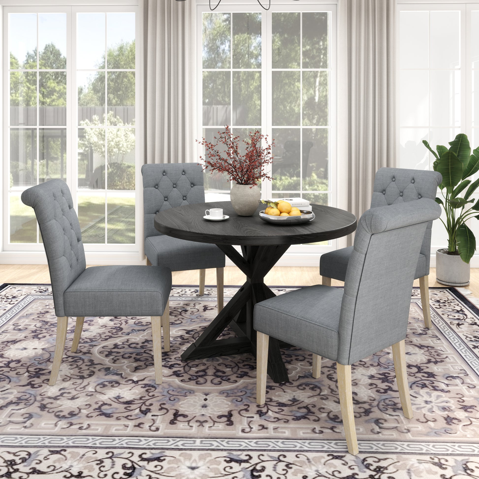 Tufted grey dining chair with light wood legs